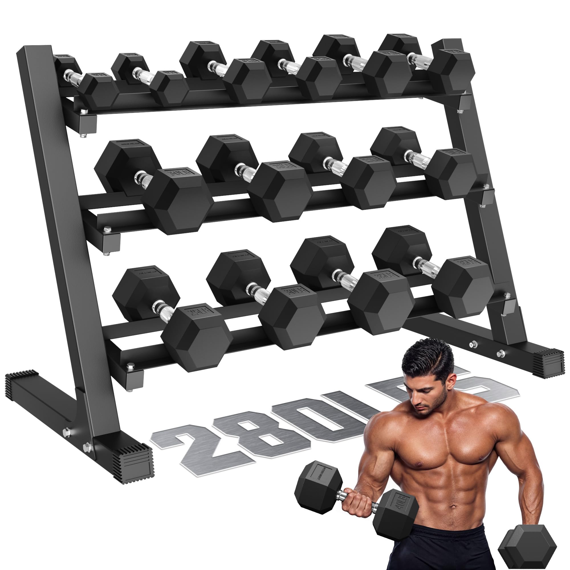 GOIMU Dumbbell Sets with Rack, Rubber Hex Dumbbells, 160/220/280/360/450/550LBS, Hand Weights with Chrome Handle for Strength Training
