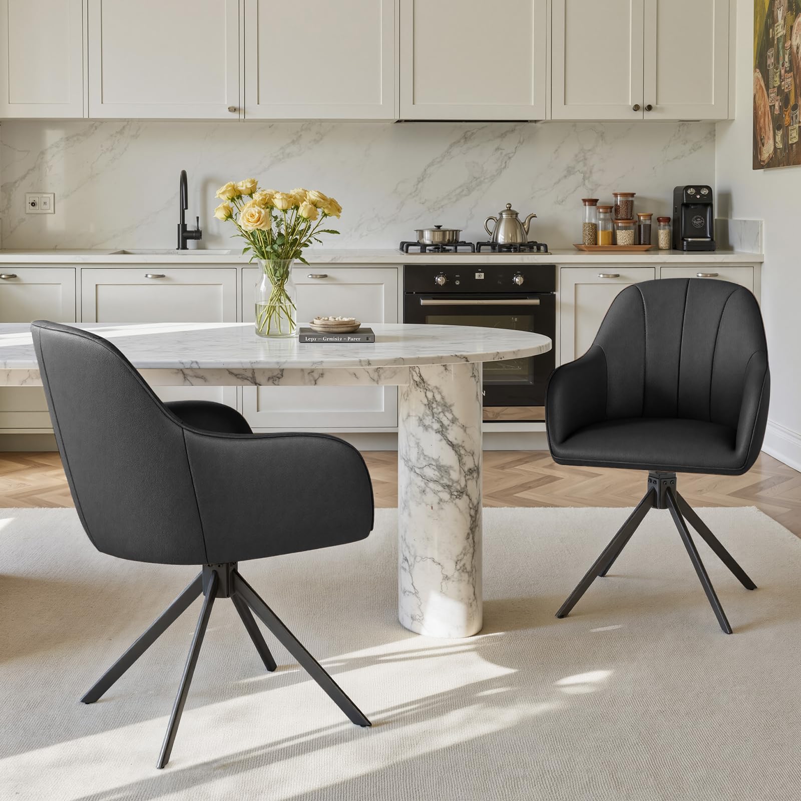 Hawthyhome Esszimmerstühle drehbar 2er Set mit Armlehne | Polsterstuhl mit 5 cm Kissen & Metallbeinen | Moderner Küchenstuhl für Esszimmer, Wohnzimmer, Büro • PU Leder/Schwarz