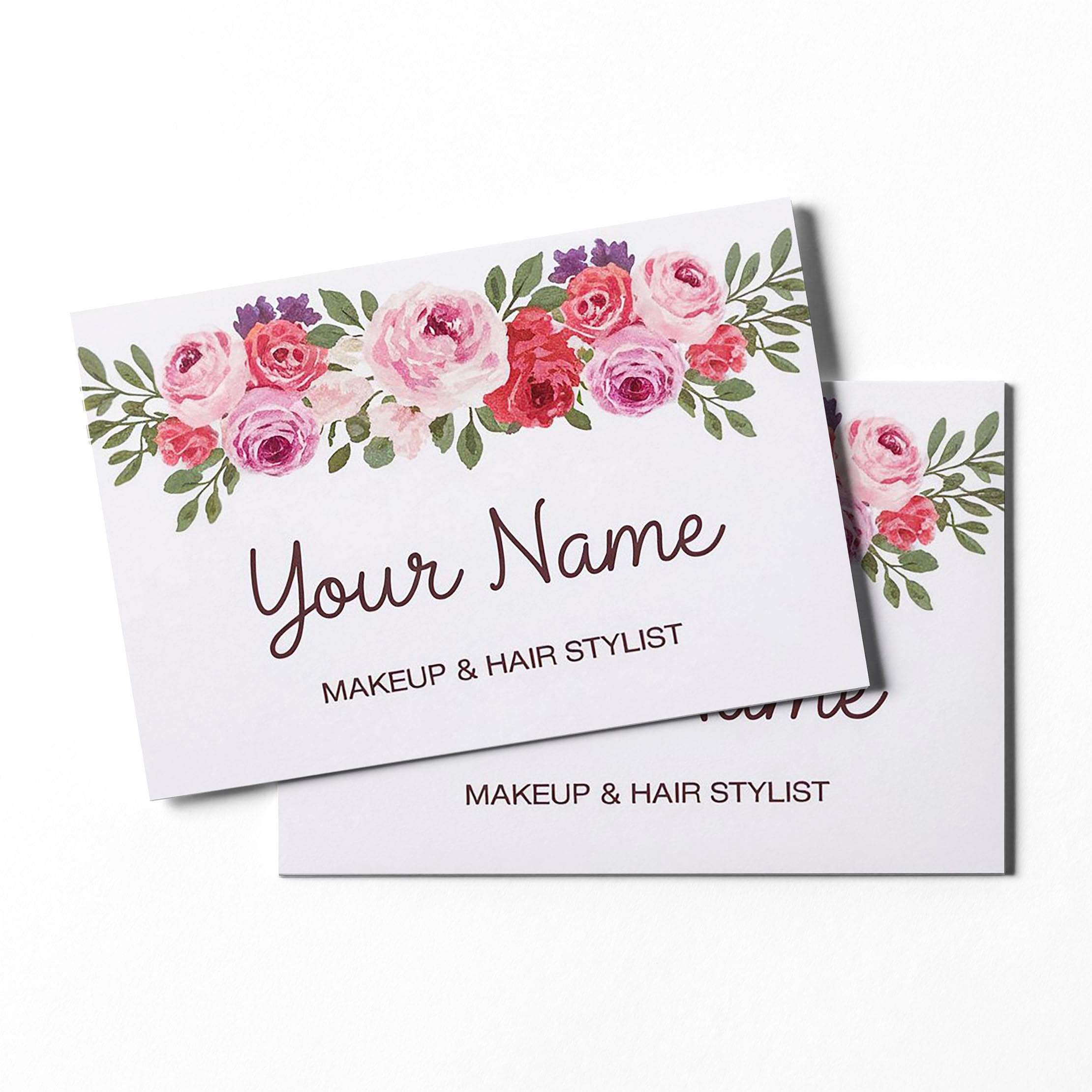 GIRLSIGHT Custom Business Cards - Makeup & Hair Stylist | Elegant & Refined Floral Design | Ideal for Hairdressers & Makeup Artists, White with Pink and Purple Floral Patterns, Standard, Floral