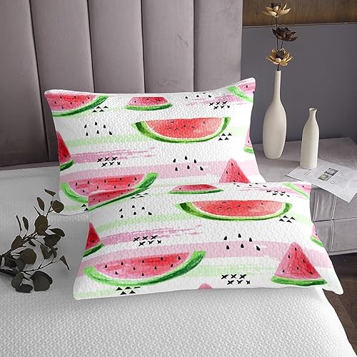Miniatura 6 de Manfei Colcha de sandía, tamaño Queen, colcha acolchada con estampado de frutas Kawaii con 2 fundas de almohada, juego de colcha de rayas rosas y
