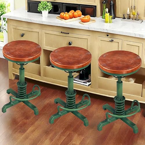 Topower Taburete de tractor industrial retro vintage de madera para cocina, giratorio, altura ajustable, color verde antiguo, juego de 3
