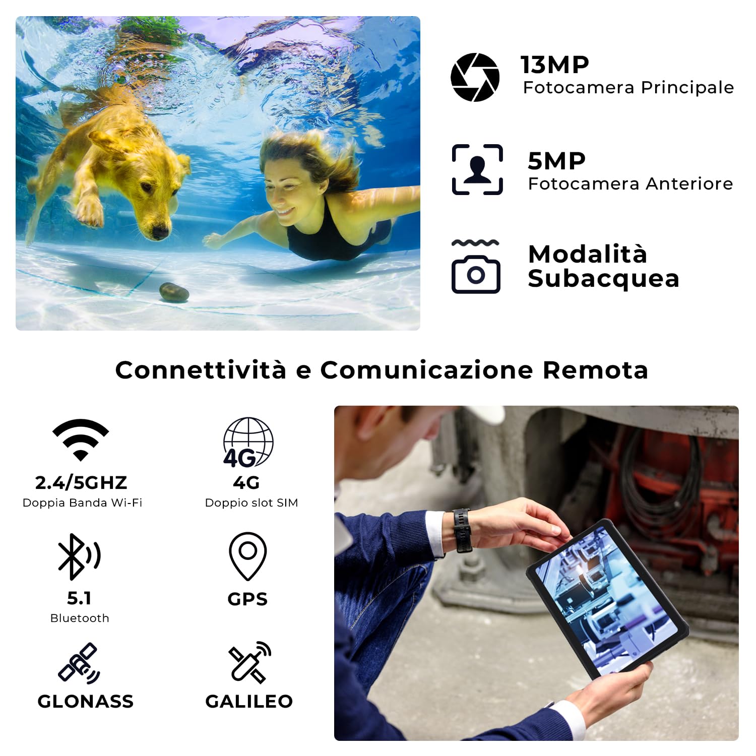 HOTWAV R8 Rugged Tablet 10.1 Pollici Android 14 Tablet PC Robusto 10800mAh, 12GB+128GB Octa-core 1TB Espandibile IP68/69K Tablet Impermeabile 13MP 4G Dual SIM 5G WiFi Face ID/OTG/GPS