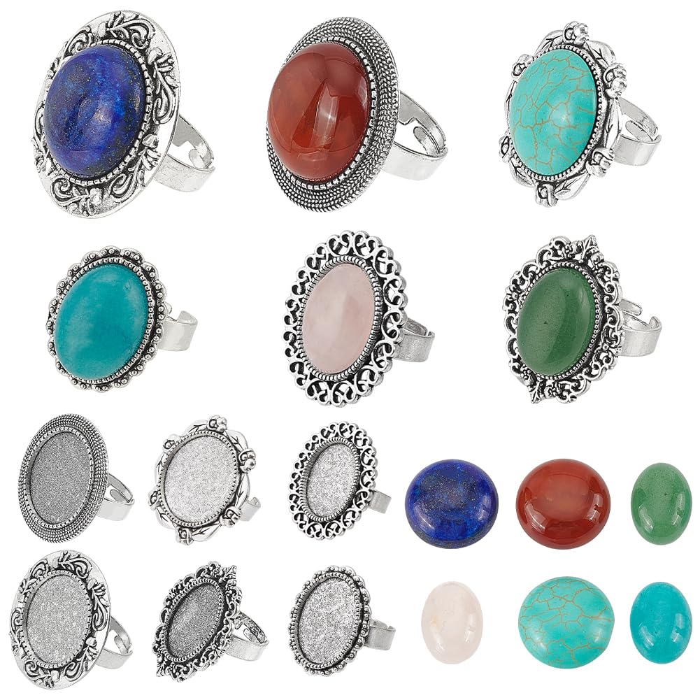 SUNNYCLUE 6 Sets Cabochon Ring Set Cabochon Settings Rings Adjustable Rings Bulk Healing Energy Lucky Turquoise Gemstones Vintage Stone Cabochon Rings Gemstone Cabochon for jewellery Making Kits