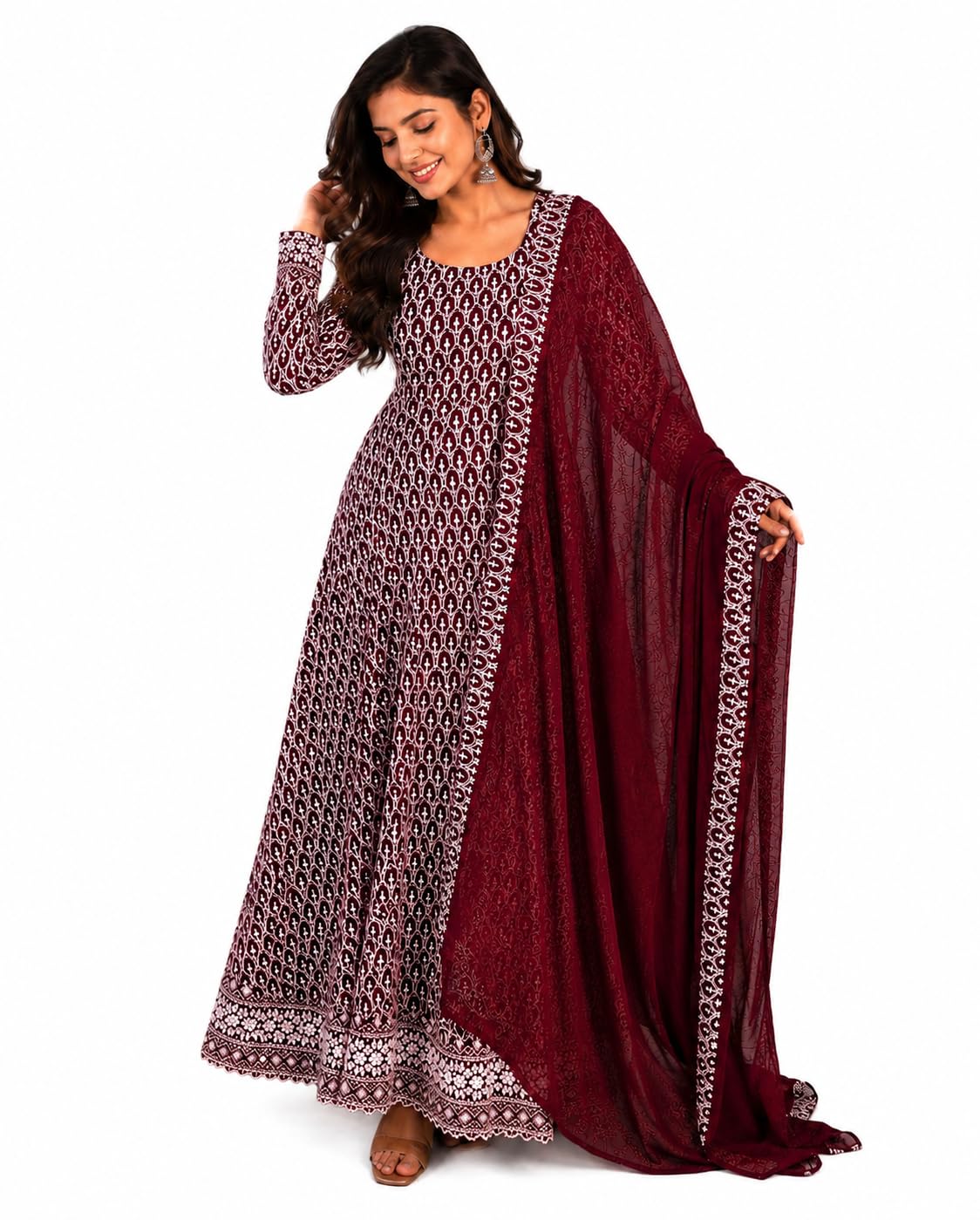 yashika Women's Georgette Chikankari Embroidered Ethnic Gown with Dupatta, Ankle Length Flared Dress, Full Sleeves, Traditional Indian Wear-picture-40