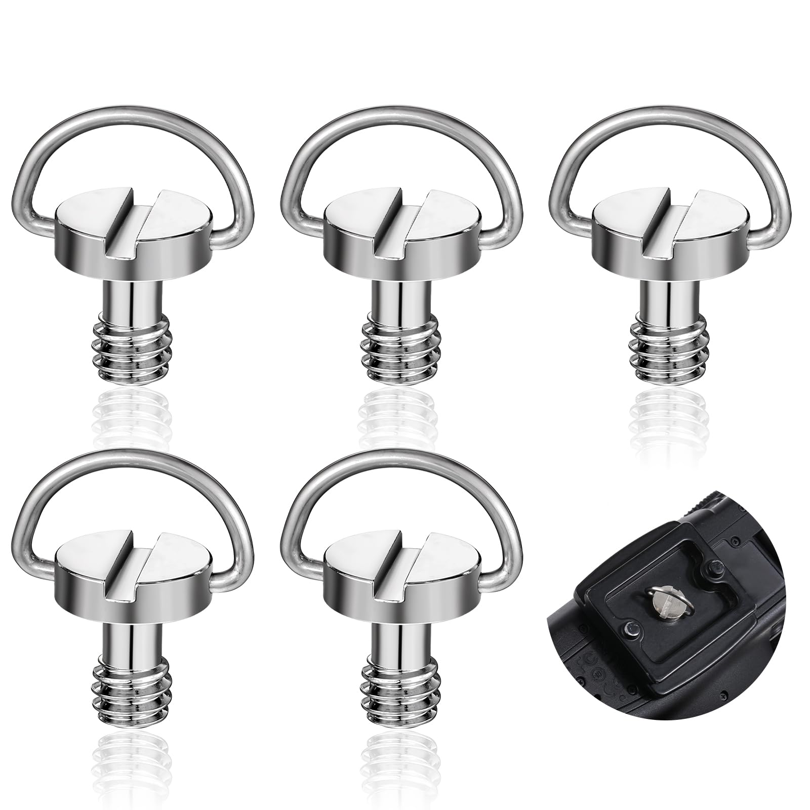 5 PCS D Ring Camera Screws, 1/4-20 Thread D-Ring Stainless Steel Camera Fixing Screws, Stainless Steel Camera Mount Screw Quick Release Camera Screw for Camera Tripod