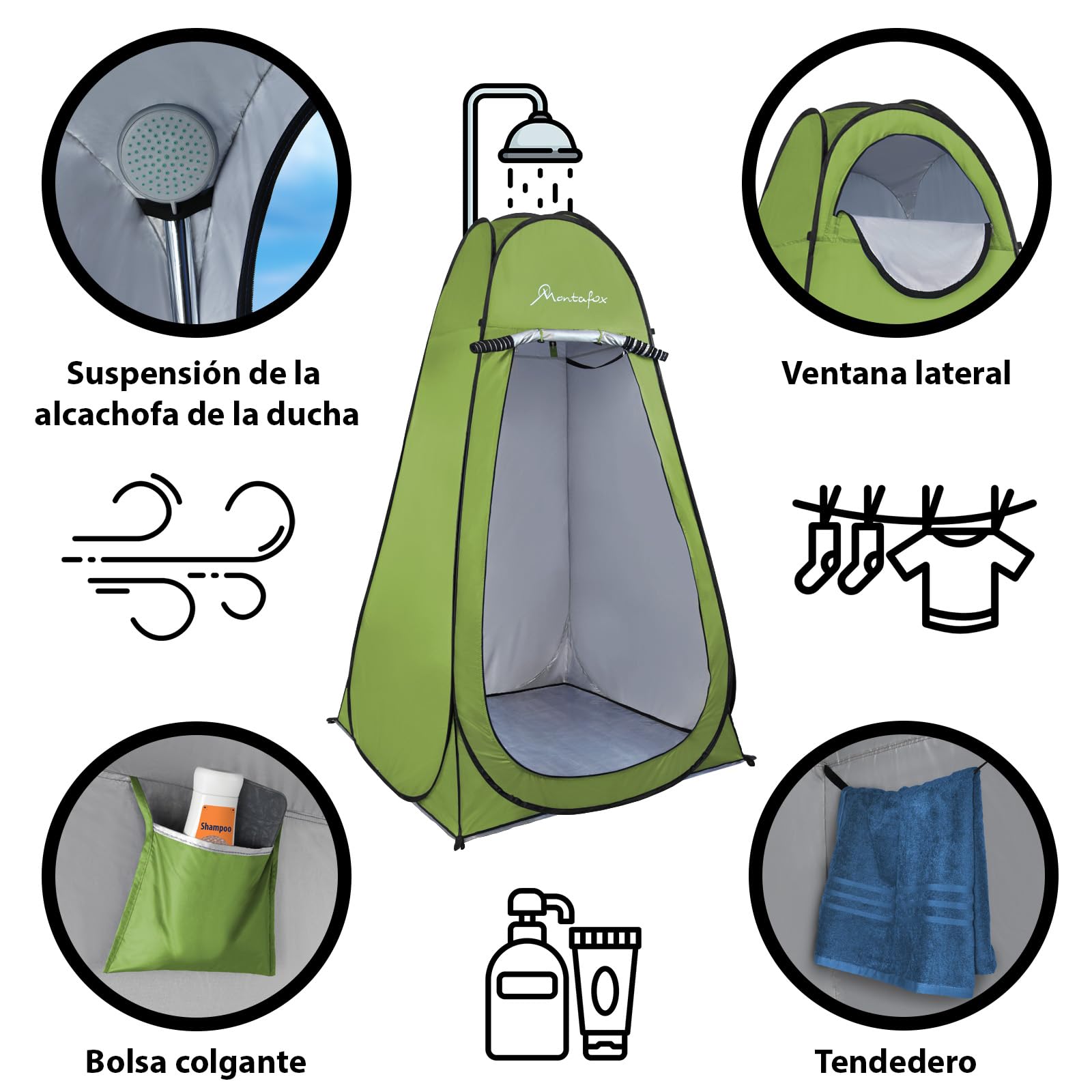 Montafox Tienda Ducha 2m XXL Pop Up Cambiador Camping Móvil Multifuncional Portátil Vestidor Baño Desplegable Verde