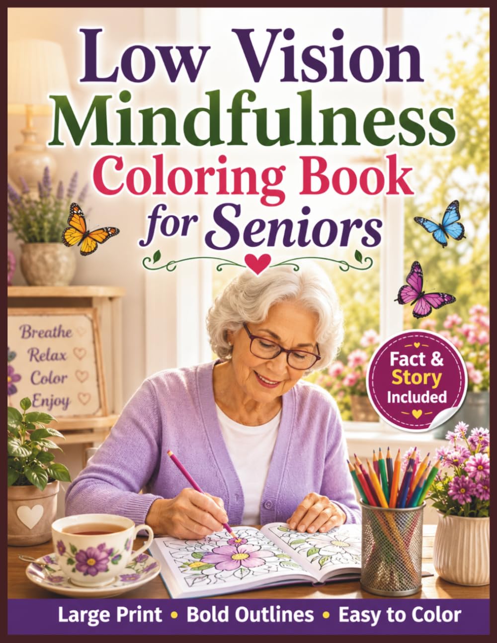 Low Vision Mindfulness Coloring Book for Seniors: 50 Large Print, High Contrast Mindful Designs with Bold Lines and Simple Details for Relaxation, Stress Relief, Focus, and Easy Coloring