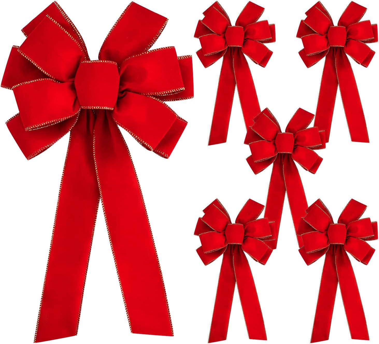 6PCS 30.7 x 10.6inch Large Red Christmas Velvet Bow, Christmas Valentine's Day Golden Edged Velvet Wreath Bow