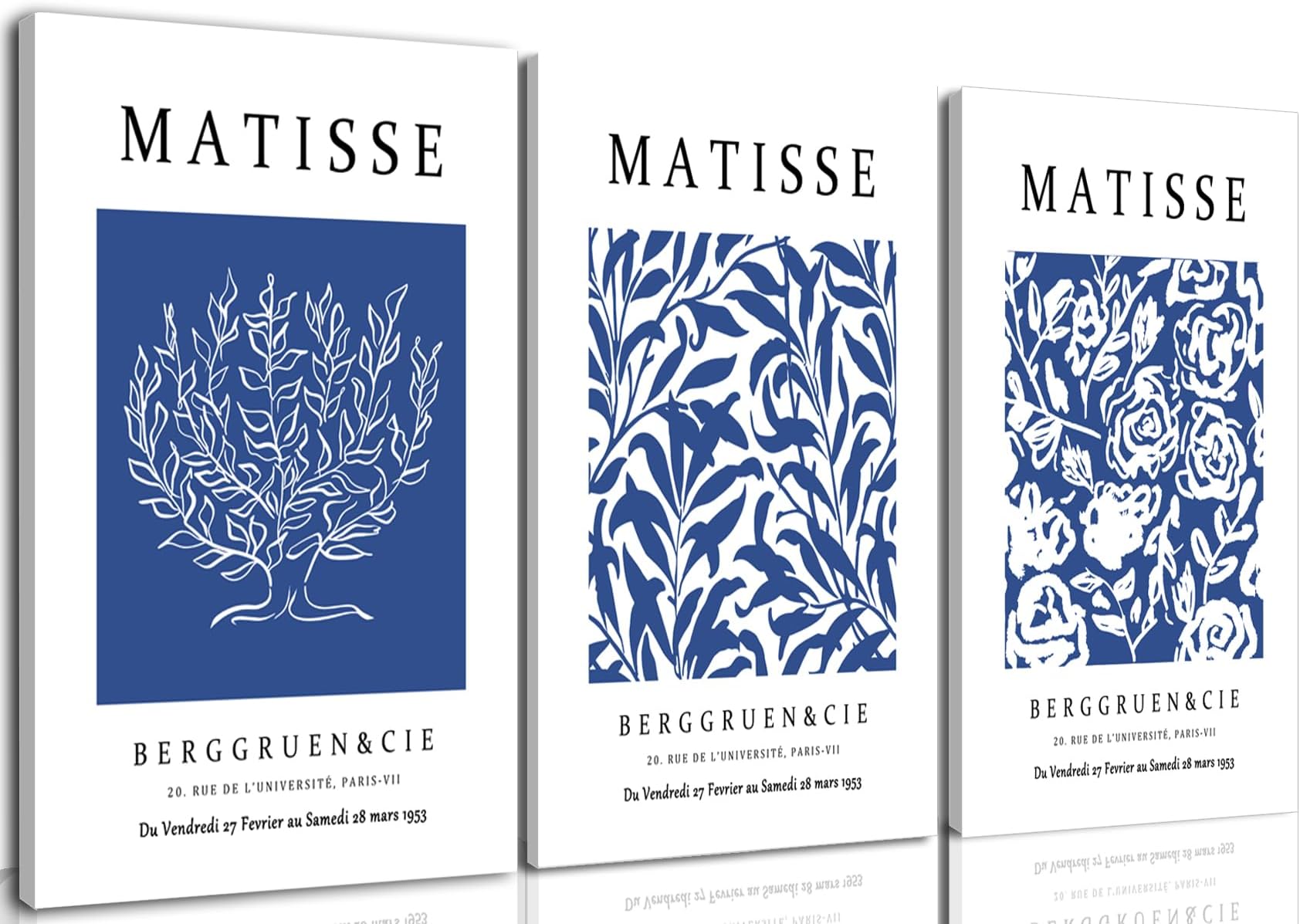 Marllifenney Blue Matisse Wall Art Framed Set of 3 Abstract Navy Blue Posters Minimalist Flower Market Canvas Prints Modern Aesthetic Decor Artwork Painting Picture for Living Room Bedroom 16x24in