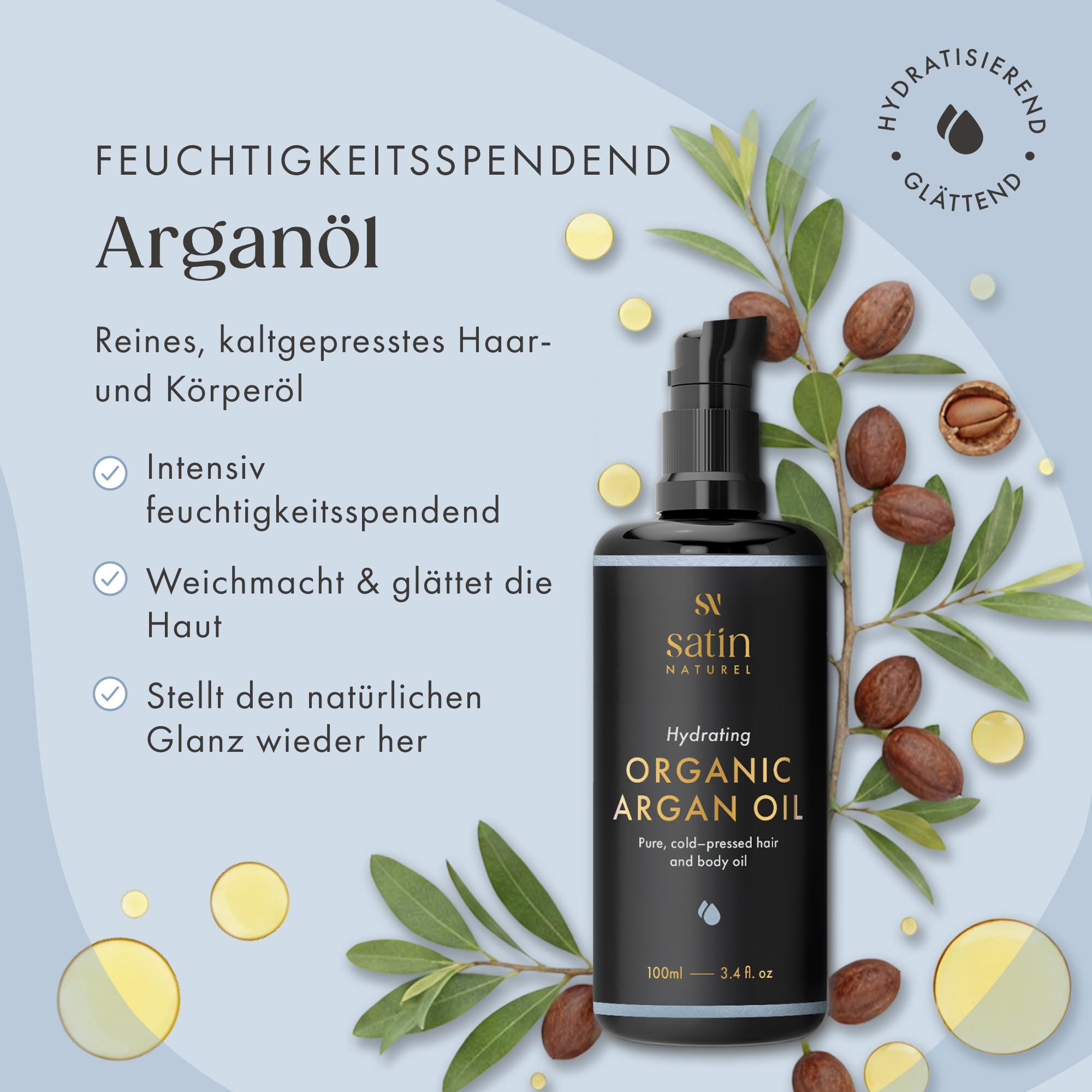 Satin Naturel Bio Arganöl 100ml – 100% Reines Kaltgepresstes Öl – Natürliches Pflegeöl für Haare, Haut, Nägel & Bart – Haaröl gegen Trockenes Haar & Kopfhaut, Zertifiziert Organisch