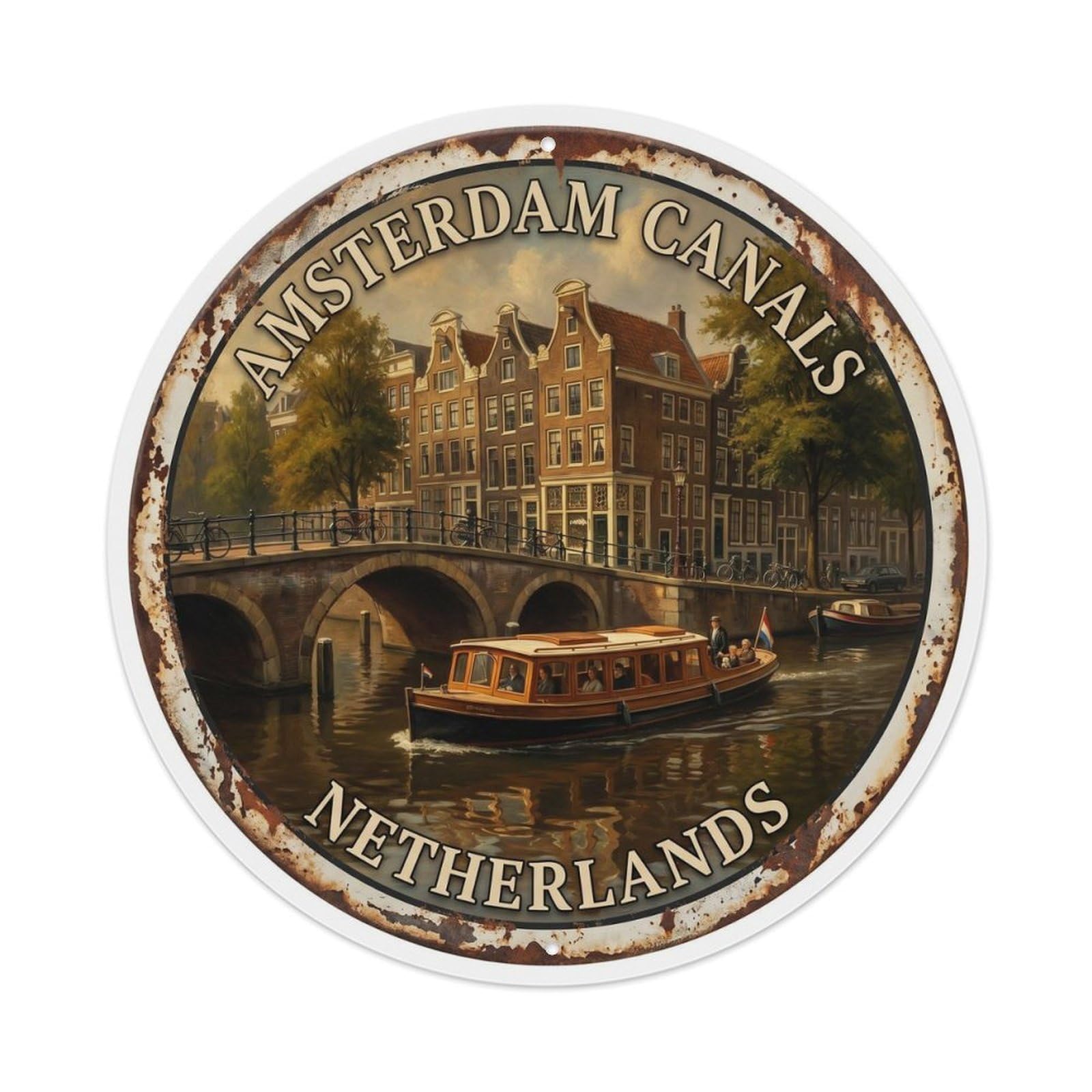 Vintage Travel Canal Boat Amsterdam Metal Tin Sign