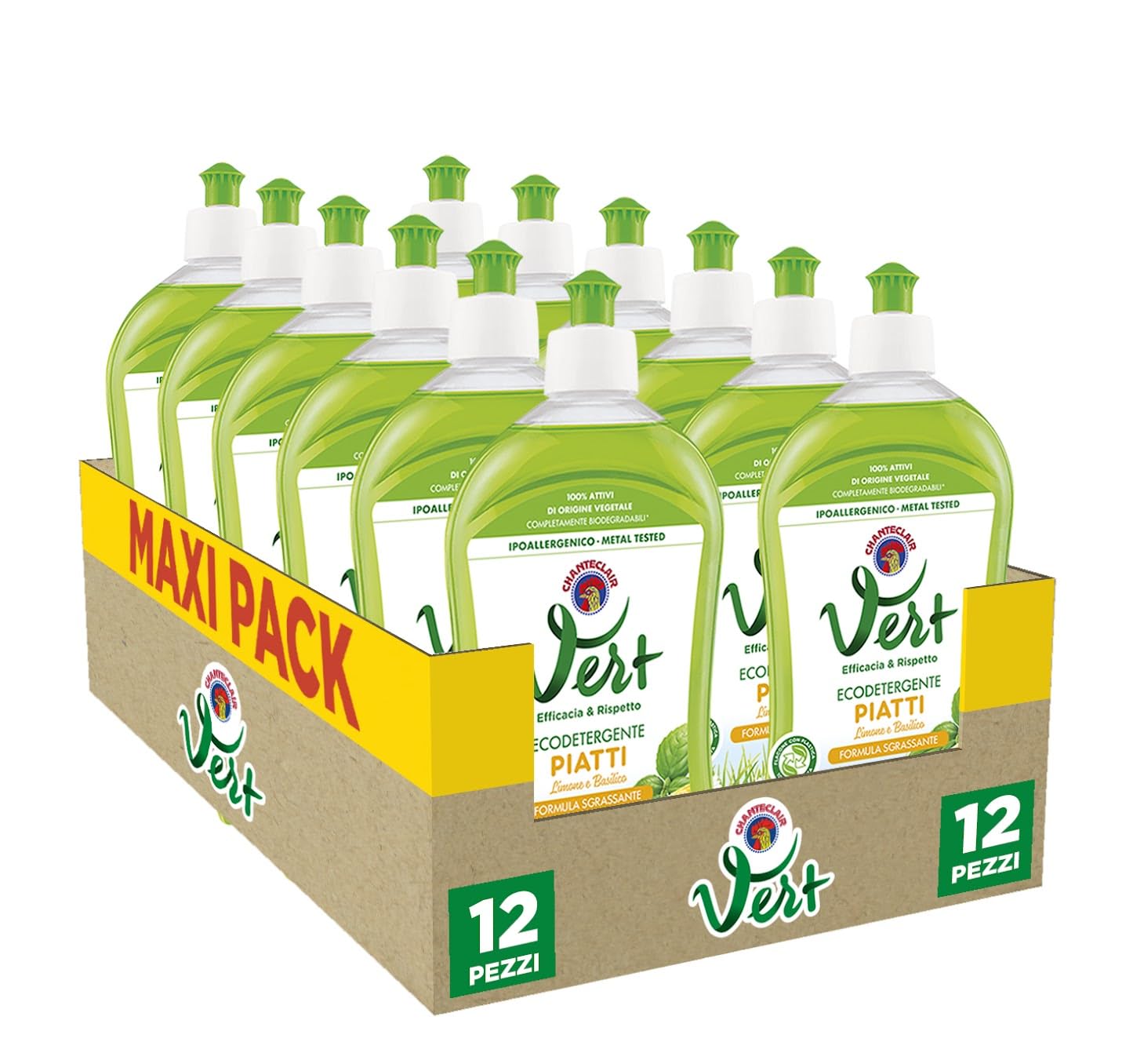 Vert di Chanteclair - Ecodetergente Piatti, Limone e Basilico - Ipoallergenico, Metal tested,100% Attivi di Origine Vegetale, Formula Sgrassante - 12 Flaconi da 500 ml
