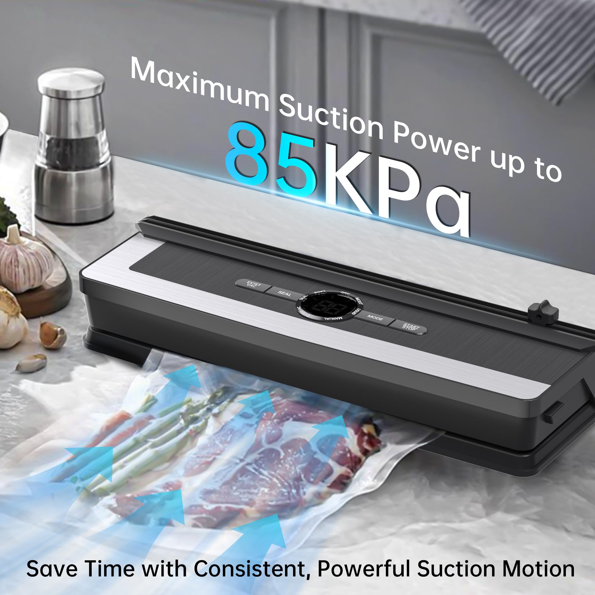 Envasadora al vacío 5 en 1, 85 KPA, sellador al vacío para alimentos, con 5 bolsas de envasado al vacío, dispositivo profesional con cortador y cuenta atrás digital, ideal para cocina y restaurante