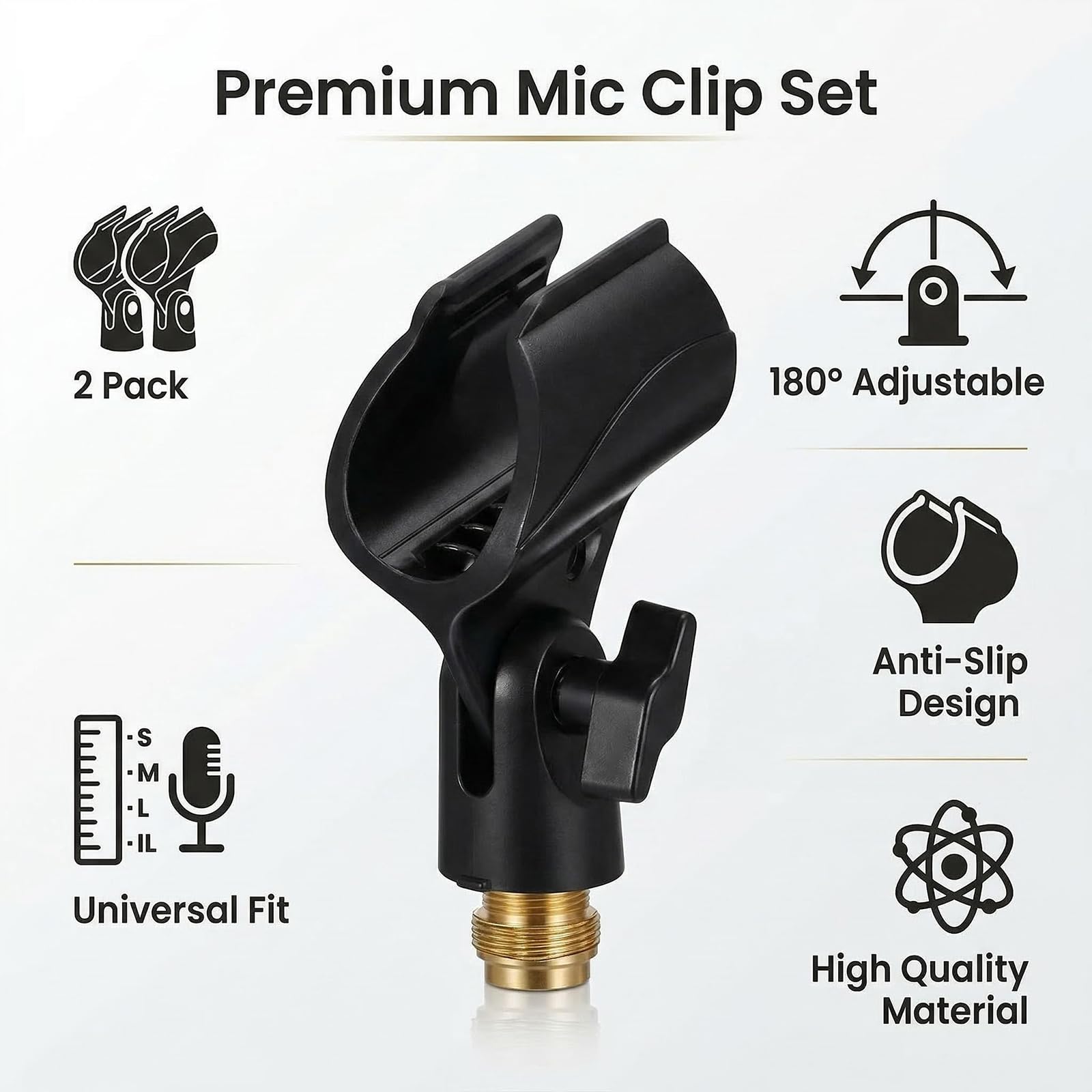 Lot de 2 Supports de Microphone Universel, Clip Réglable 180° Antidérapant avec Adaptateur 5/8" vers 3/8", Pince de Microphone en Plastique et Cuivre Noir pour Scène, Karaoké et Live