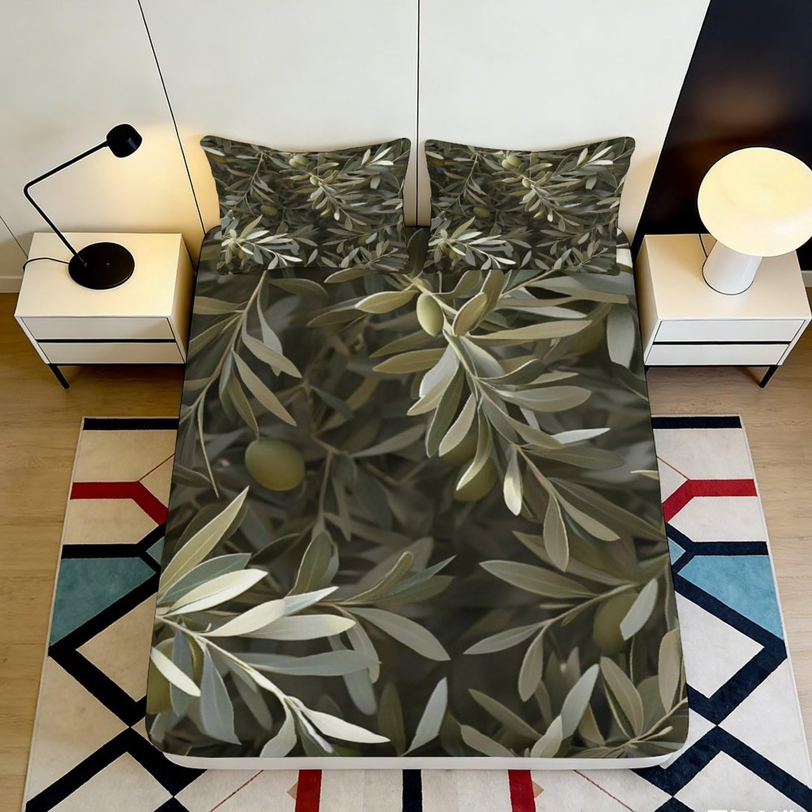 3D Printed Olive Leaf Fitted Sheet Microfiber Soft Green Botanical Forest Bed Sheet Anti-Slip Machine Washable for Bedroom Guest Room 90x200x25cm