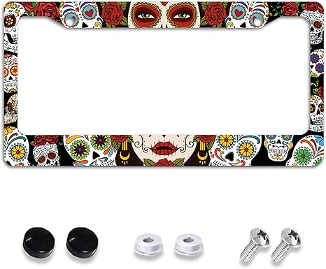 License Plate Frame,Sugar Skulls Flowers Girl Tag Decorative Aluminum Metal Cover for Women,U S Canada Standard,Auto Vehicle Accessories 2 Holes with Screw Caps—12x6 Inch