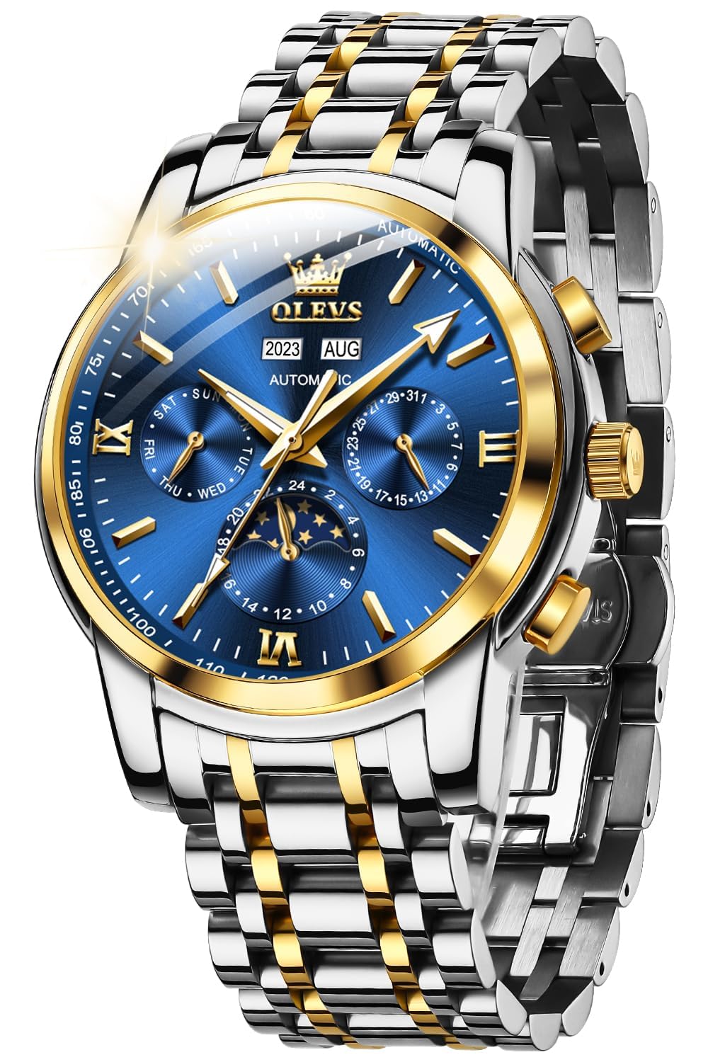 OUPINKE Herrenuhr Automatik Mechanische Armbanduhr mit Mondphase Wasserdicht Luminous Tag Datum Zweifarbige Edelstahlarmband