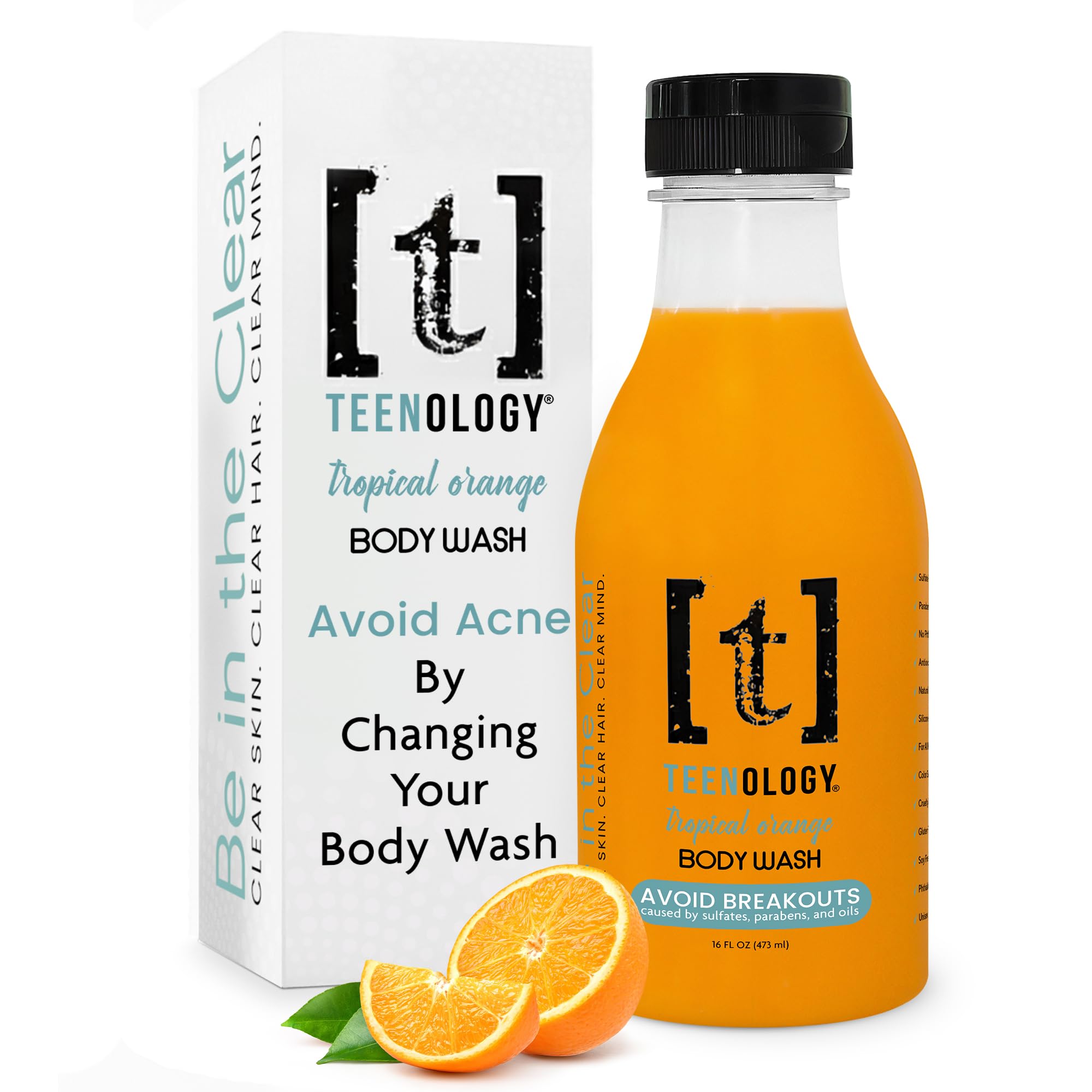 Teenology Body Wash for Teens, Avoid Acne Breakouts, Sulfate & Paraben Free, with Natural Botanical Extracts for Clear & Healthy Skin, 16 oz - (Tropical Orange)