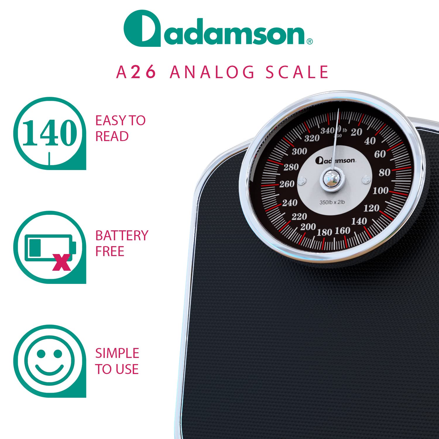 Adamson A21 Bilancia Meccanica Pesapersone Fino A 136 Kg – Gomma Antiscivolo, Display Grandi Numeri, Senza Batterie, Garanzia 20 Anni