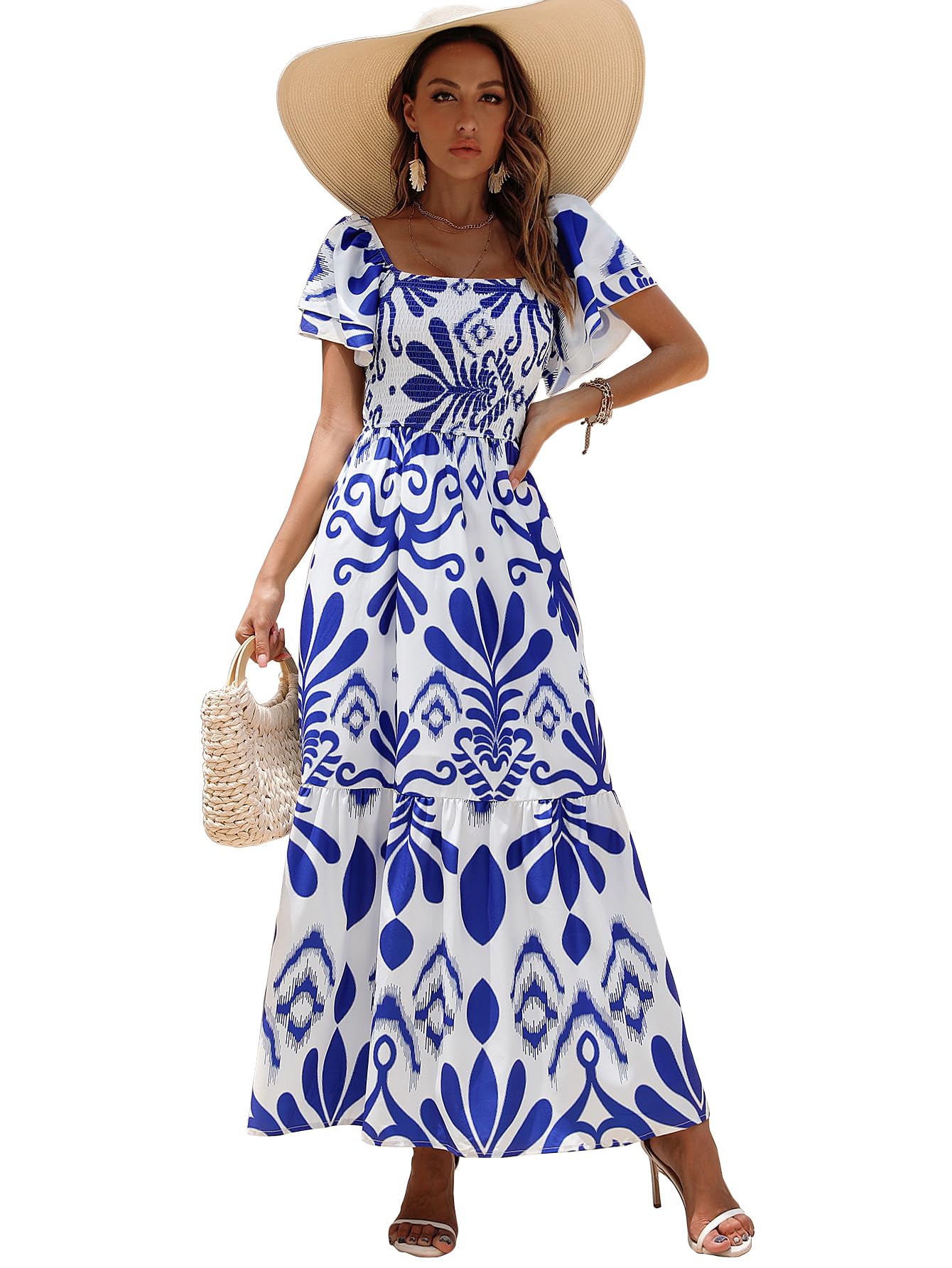Shasmi Girl's & Women's White And Blue Floral Print Layered Short Sleeve Square Neck Ruffle High Waist A Line Summer Long Maxi Dress With All Over Print Outfit (Dress 228 Blue-S)