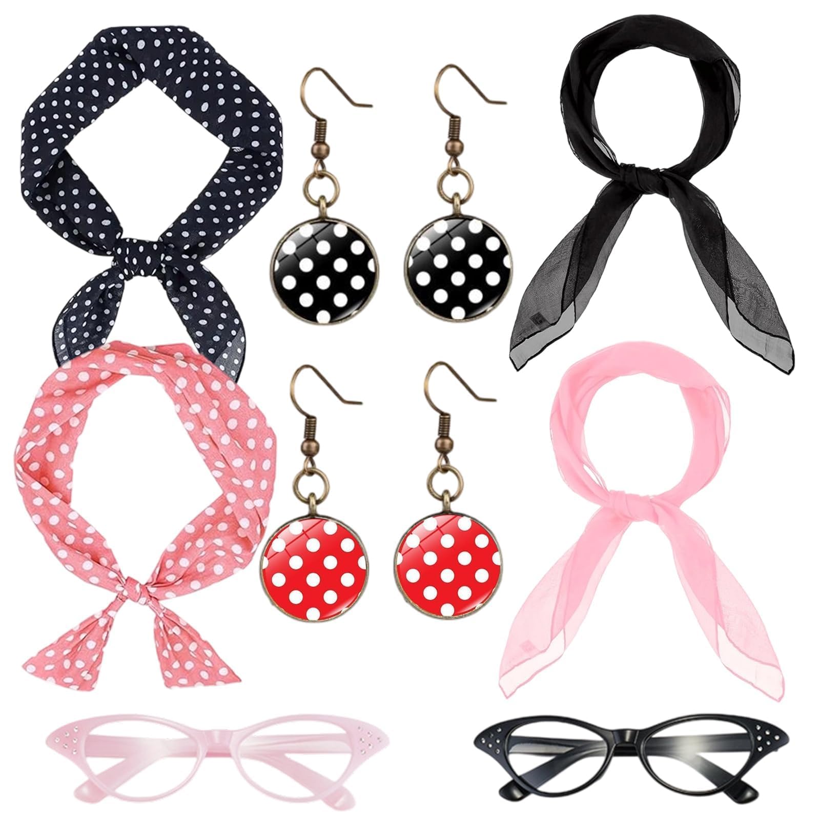 YFHUVB Pink Ladies Fancy Dress Accessories, 50s Ladies' Retro Costume Accessories Cat Glasses Polka Dot Headscarf Earring Set