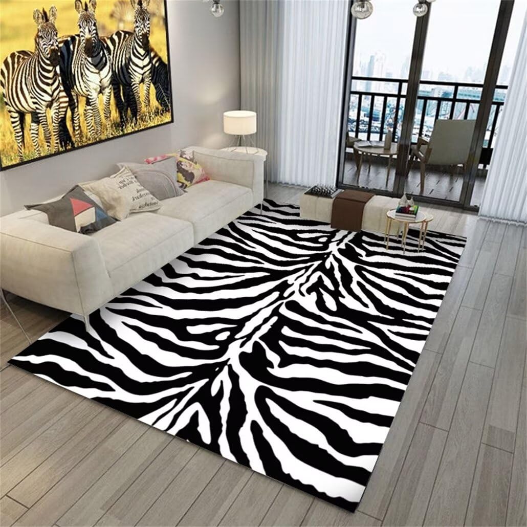 Tapis noir et blanc lavable 120x150cm au motif imprimé zèbre moderne