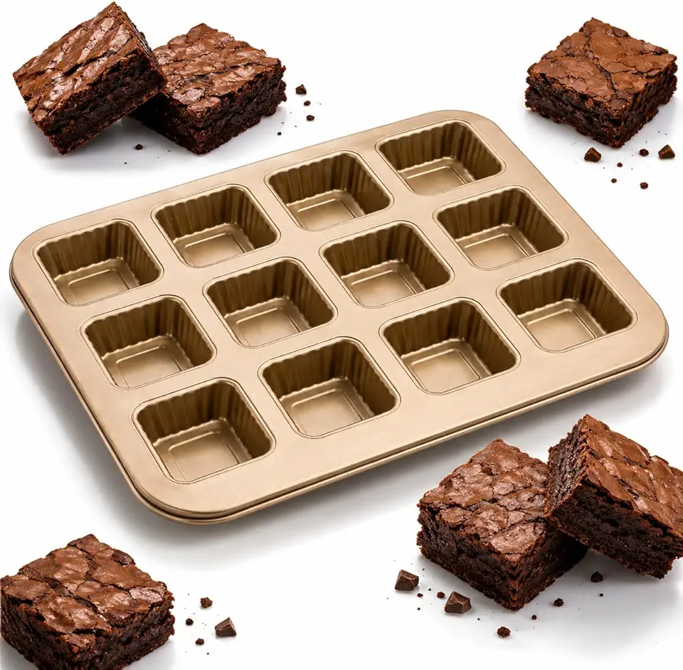 Forma para Brownie 12 Cavidades Quadradas Antiaderente, Assadeira de Aço Carbono para Mini Brownies, Cupcake, Mini Bolos, Doces e Sobremesas no Forno