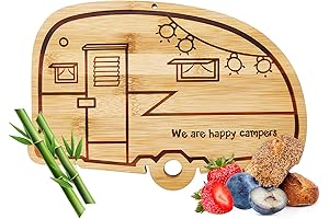 Happy Camper Bamboo Cutting Board,Retro RV Engraved Campfire Cutting Board
