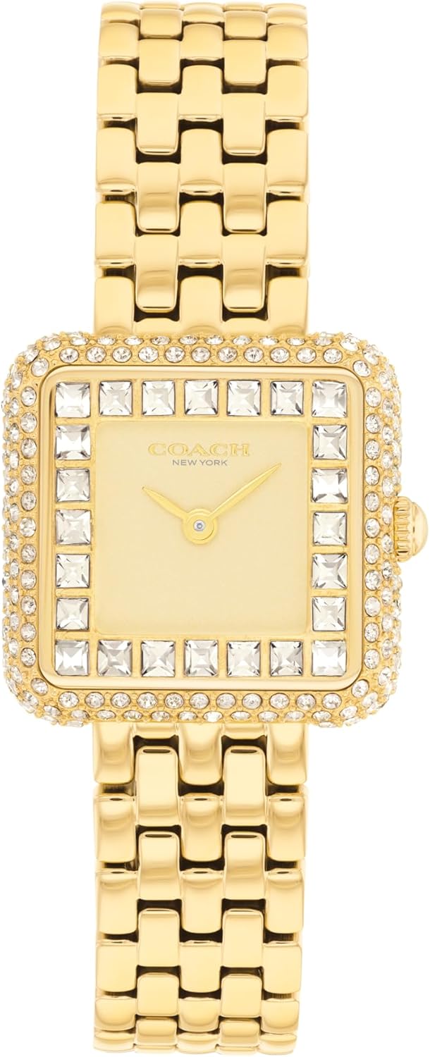 COACH Cass Women's 2H Quartz Watch - Link Bracelet - Bold Square Shape Case - Crystal Set Bezel and Dial - Gift for Her - 24.2mm