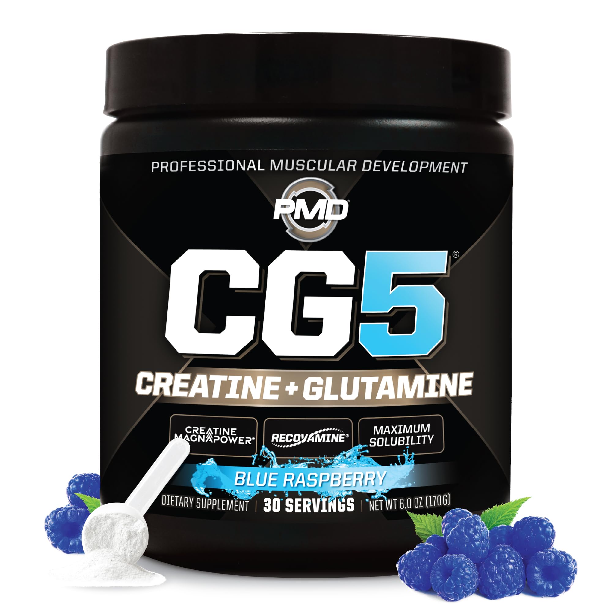PMD Sports CG5 - Premium Creatine & L Glutamine Powder - Maximum Strength Power Recovery, Build Lean Muscle, Increase Workout Performance - Pre Workout & Post Workout - Blue Raspberry (30 Serv)