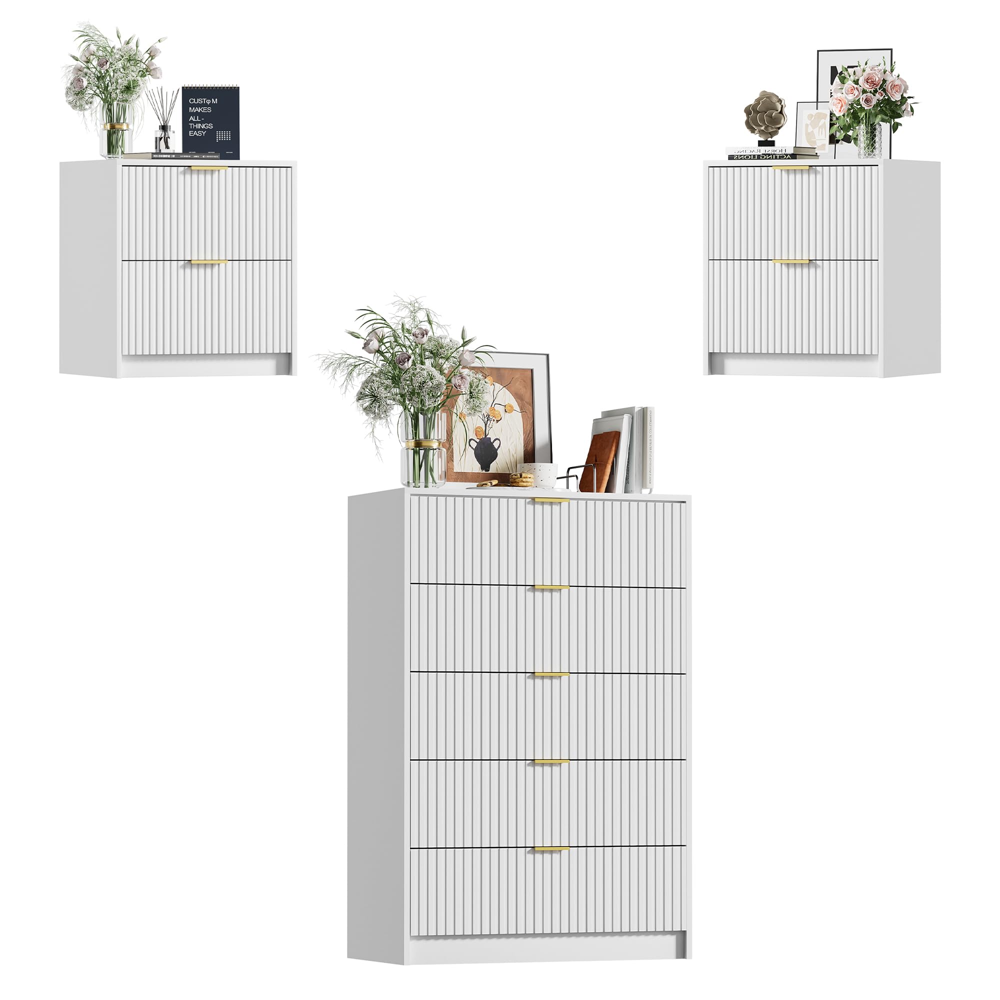 3 Piece Modern Bedroom Set, 5 Drawer Dresser with 2 Nightstands, White