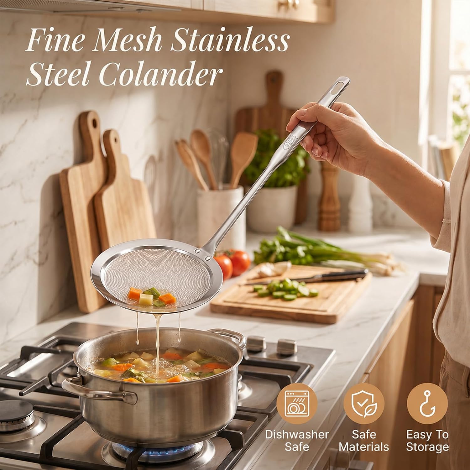 2Pcs Fine Mesh Sieve Flat Strainer Spoon for Frying Filter Juice Oil