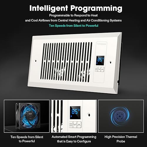 Miniatura 5 de VIVOSUN Ventilador de refuerzo silencioso de 4 x 10 pulgadas, ventilación de registro inteligente con control de termostato inteligente, ventilador