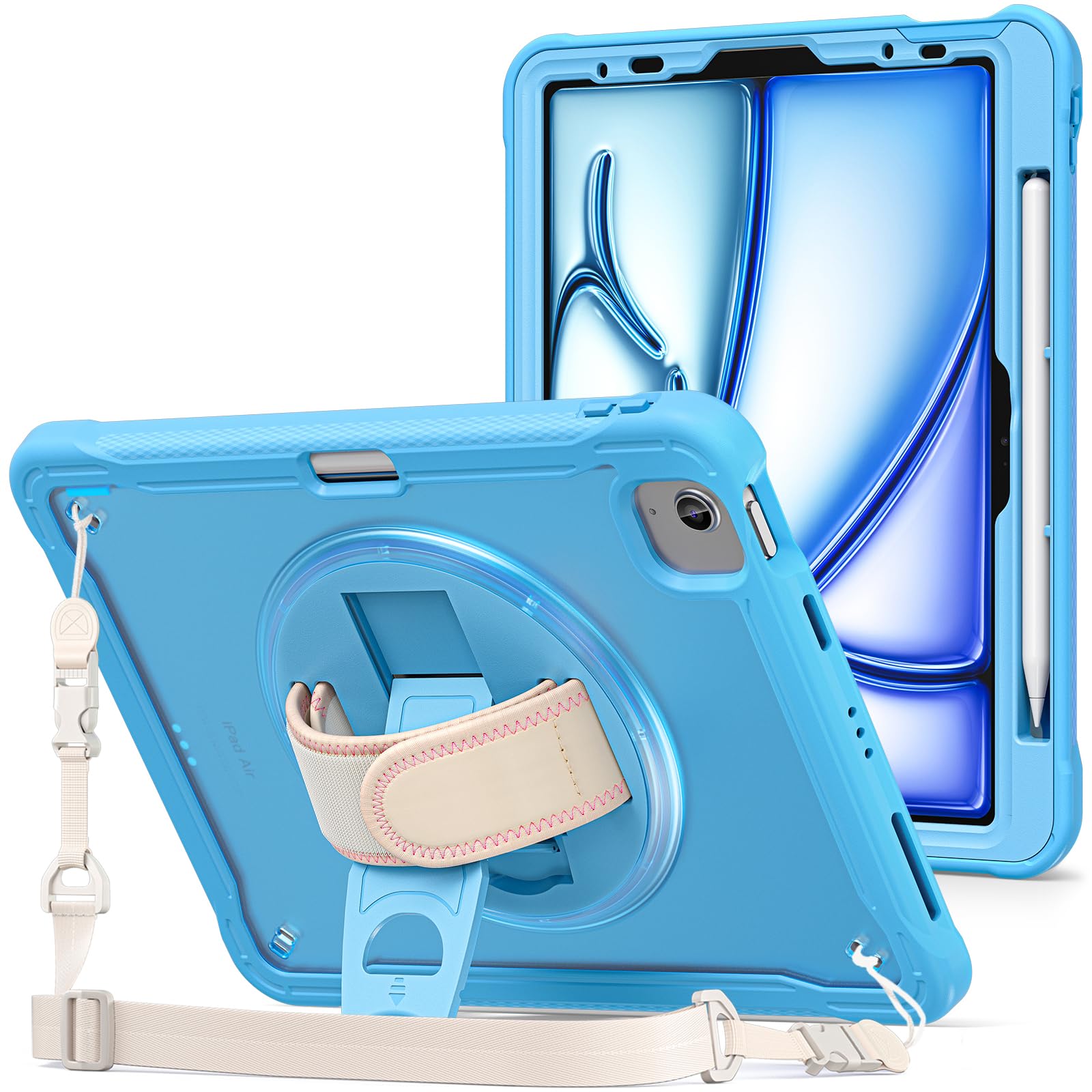 ProCase for iPad Air 11-inch 7th (M3) 2025/ 6th (M2) 2024/ Air 5th / 4th Gen 10.9"/ iPad Pro 11" 4th/3rd/2nd/1st Gen, Heavy Duty Shockproof Cover with Hand Strap 360 Degree Rotatable Kickstand -Blue
