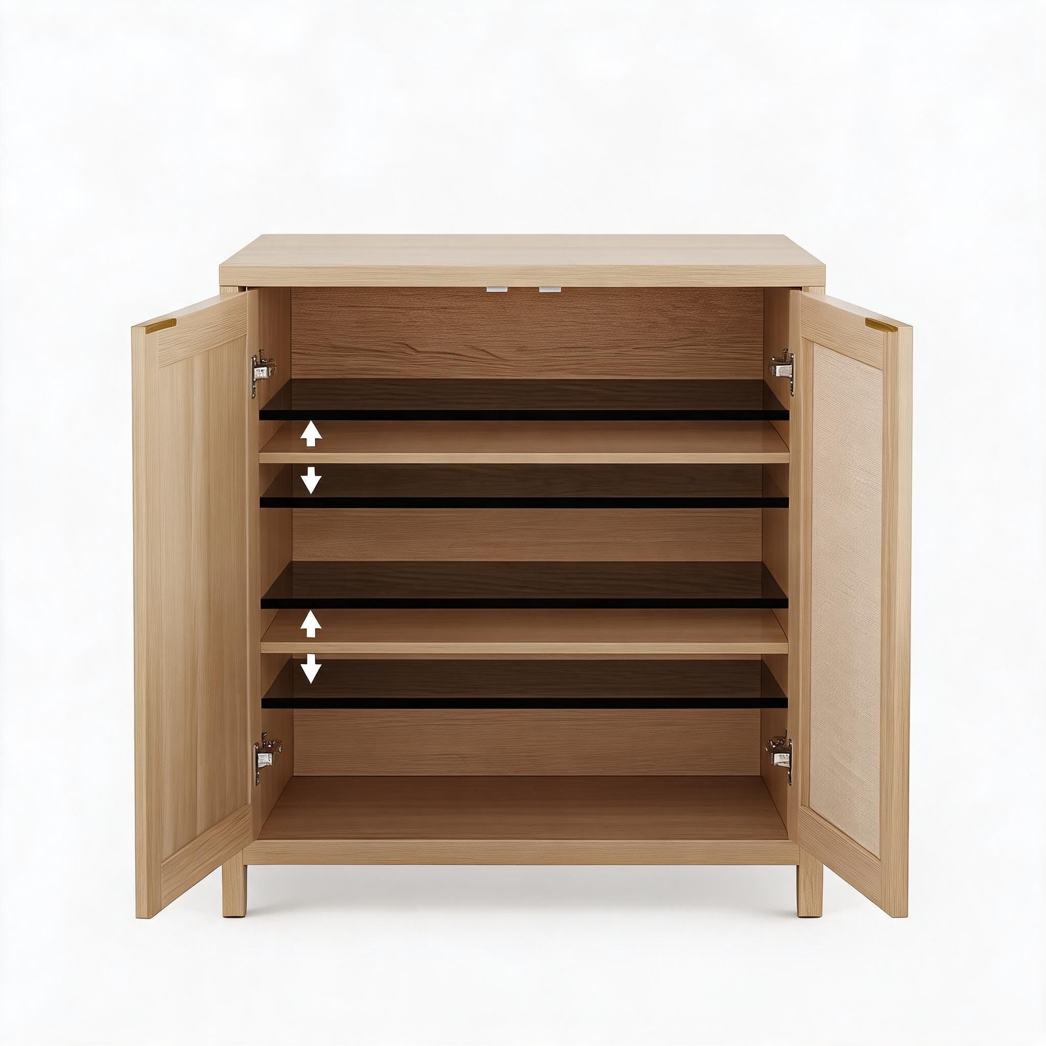 Aparador Mimbre 87cm Madera con Estantes Ajustables para Comedor y Cocina | Gabinete buffet moderno equipado con puertas y tiradores metálicos elegantes