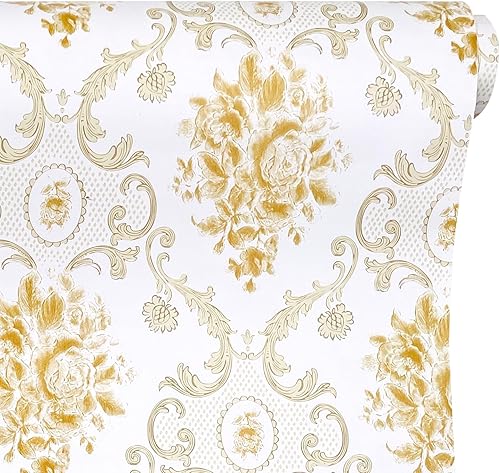 Yifely Revestimiento autoadhesivo de damasco dorado para cajones, organizador de armarios, papel de forro fácil de quitar, 17.8 pulgadas por 9.8 pies