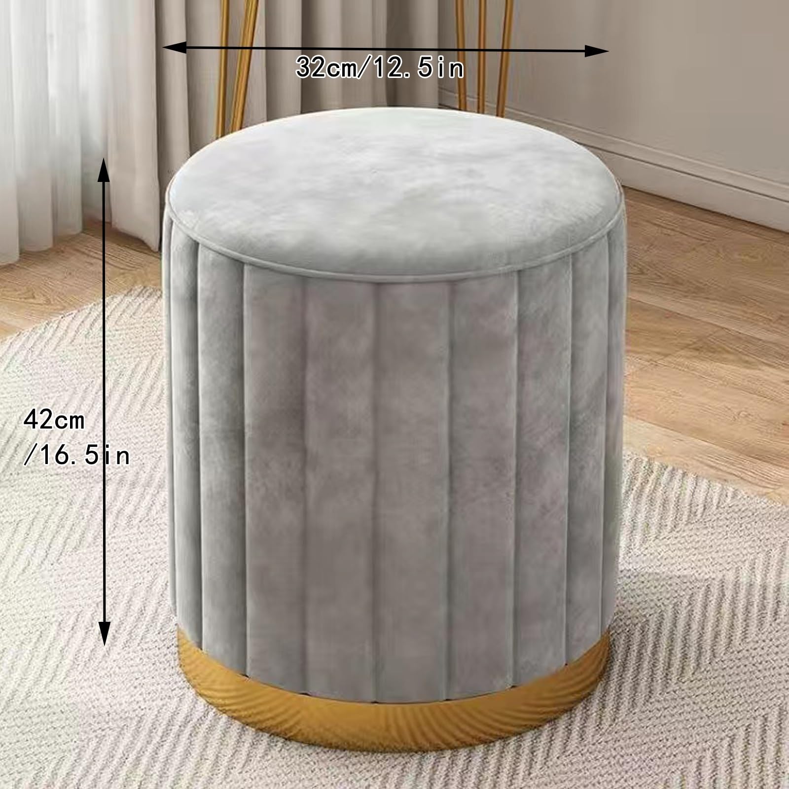 Pouf Contenitore Rotondo in Velluto, Pouf Basso Rotondo in Pelle, Sgabello da toeletta in Spugna, Sgabello poggiapiedi Imbottito con Base placcata Oro per Soggiorno, Camera da Letto o Negozi