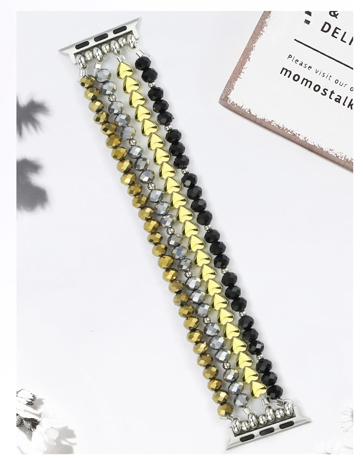 JR.DM Beaded Bracelet Bands for women Compatible with Apple Watch 40mm 38mm 41mm 44mm 42mm(S10/11) Fashion Cute Dressy Stretchy Handmade Strap for iWatch Series 11/10/9/8/7/6/5/4/SE 3/2/1(Black/Gold) - Image 4