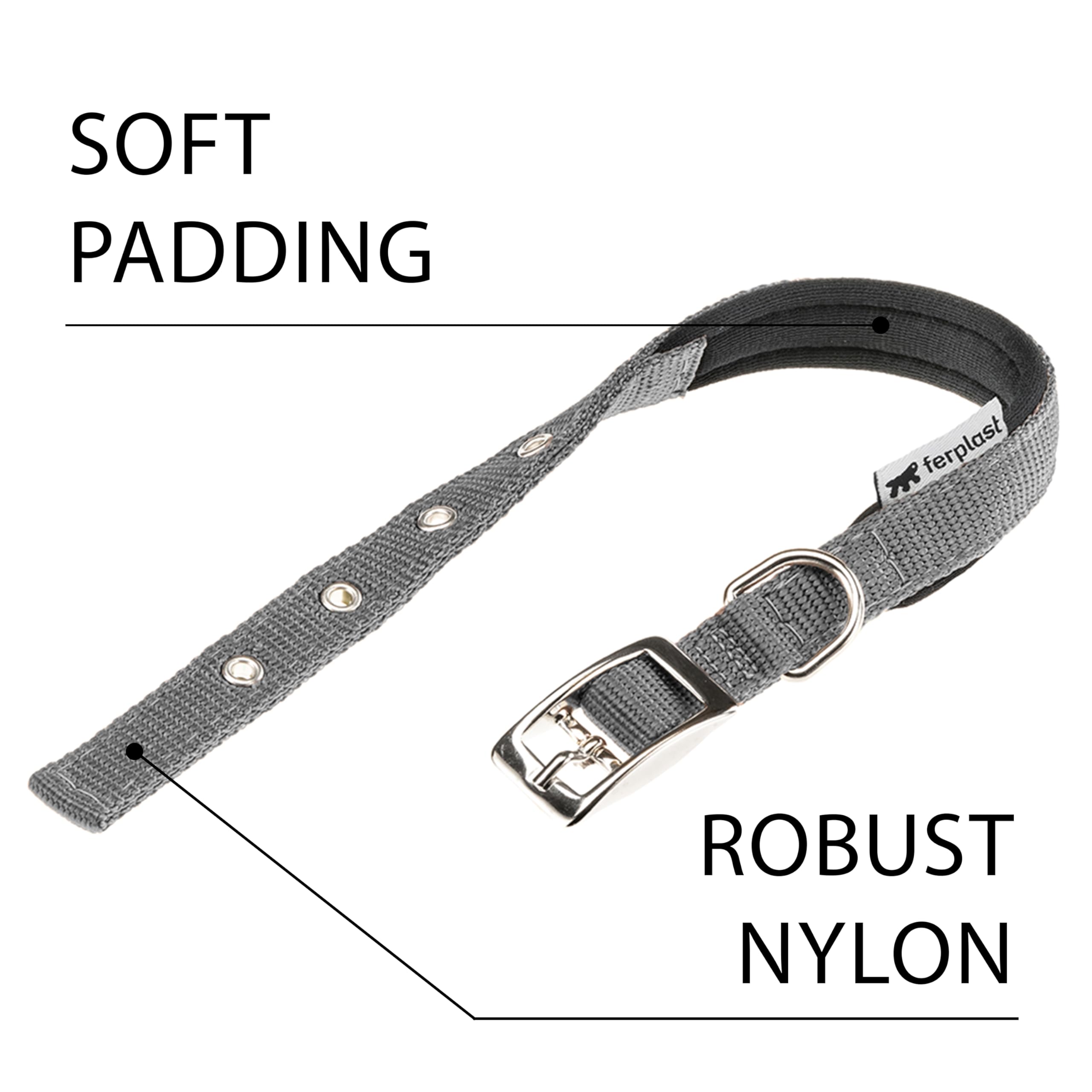 Ferplast Medium Size Dog Collar Adjustable Padded Nylon Dog Collar Metal Buckle, Neck Size 32-39 cm, Grey - Image 3