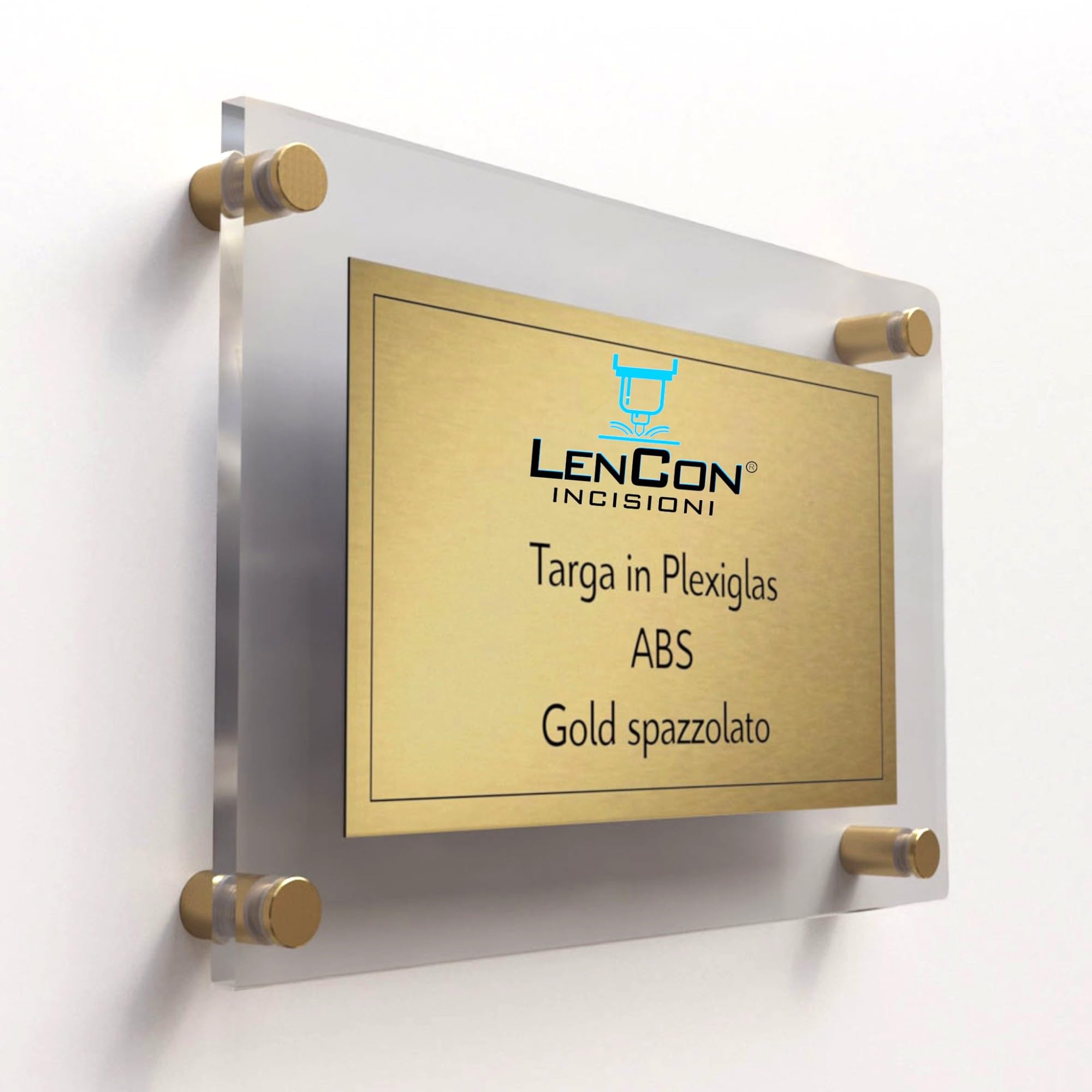 Targa Insegna Professionale Personalizzata per Azienda, Studio Medico, B&B, Acrilico Trasparente 5mm e Alluminio Effetto Oro, Montaggio con Kit Distanziali