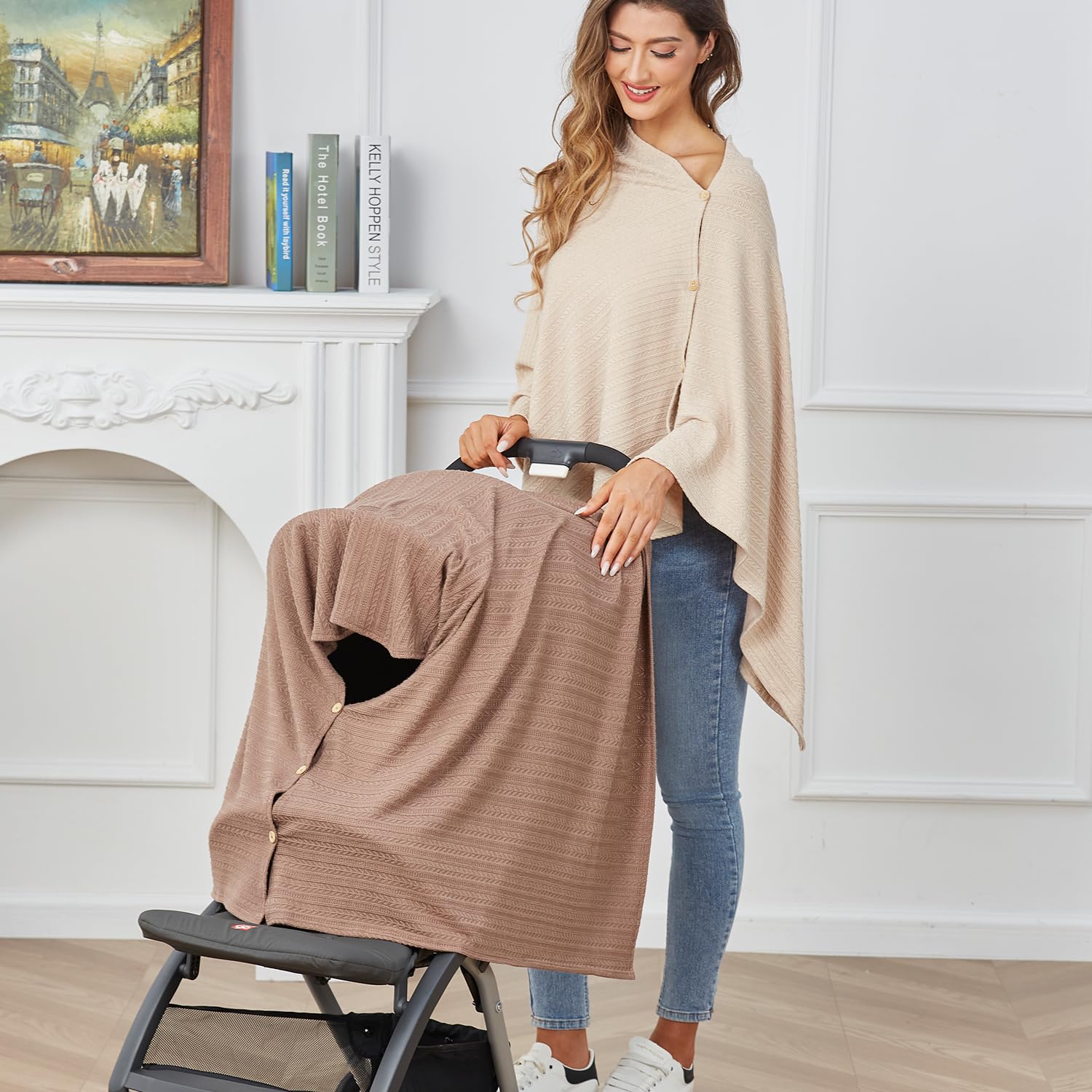 Funda de lactancia para lactancia del bebé, cubierta de lactancia de punto, manta cálida y acogedora, transpirable y suave, cuello ancho con elástico para una fácil visión (gris)