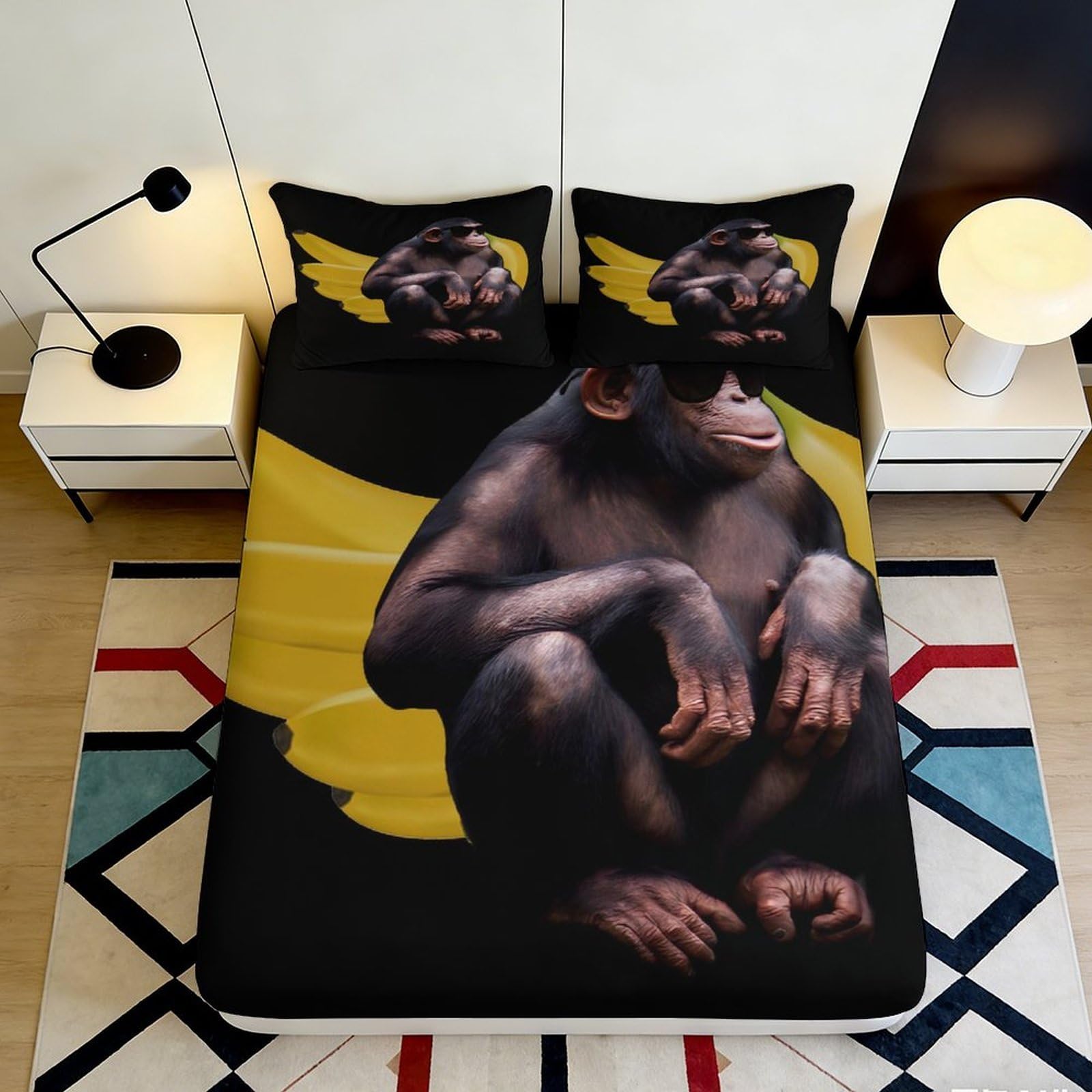 3D Printed Monkey with Banana Fitted Sheet Microfiber Soft Anti-Slip Bed Cover for Bedroom Dorm Youth Decor 90x200x25cm