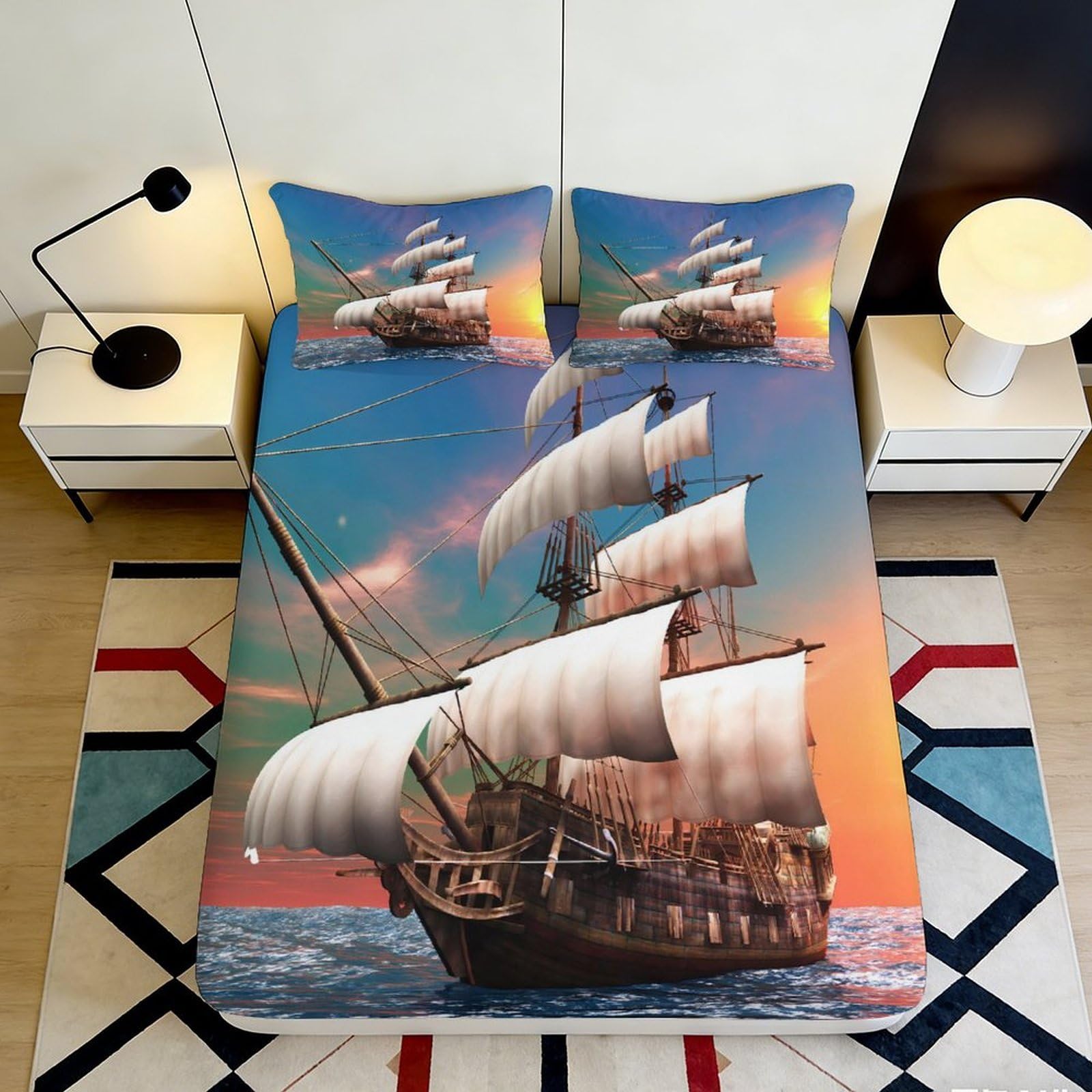 3D Printed Sunset Sailing Ship Fitted Sheet Microfiber Soft Anti-Slip Ocean Boat Mattress Cover for Bedroom Decor 180x200x25cm