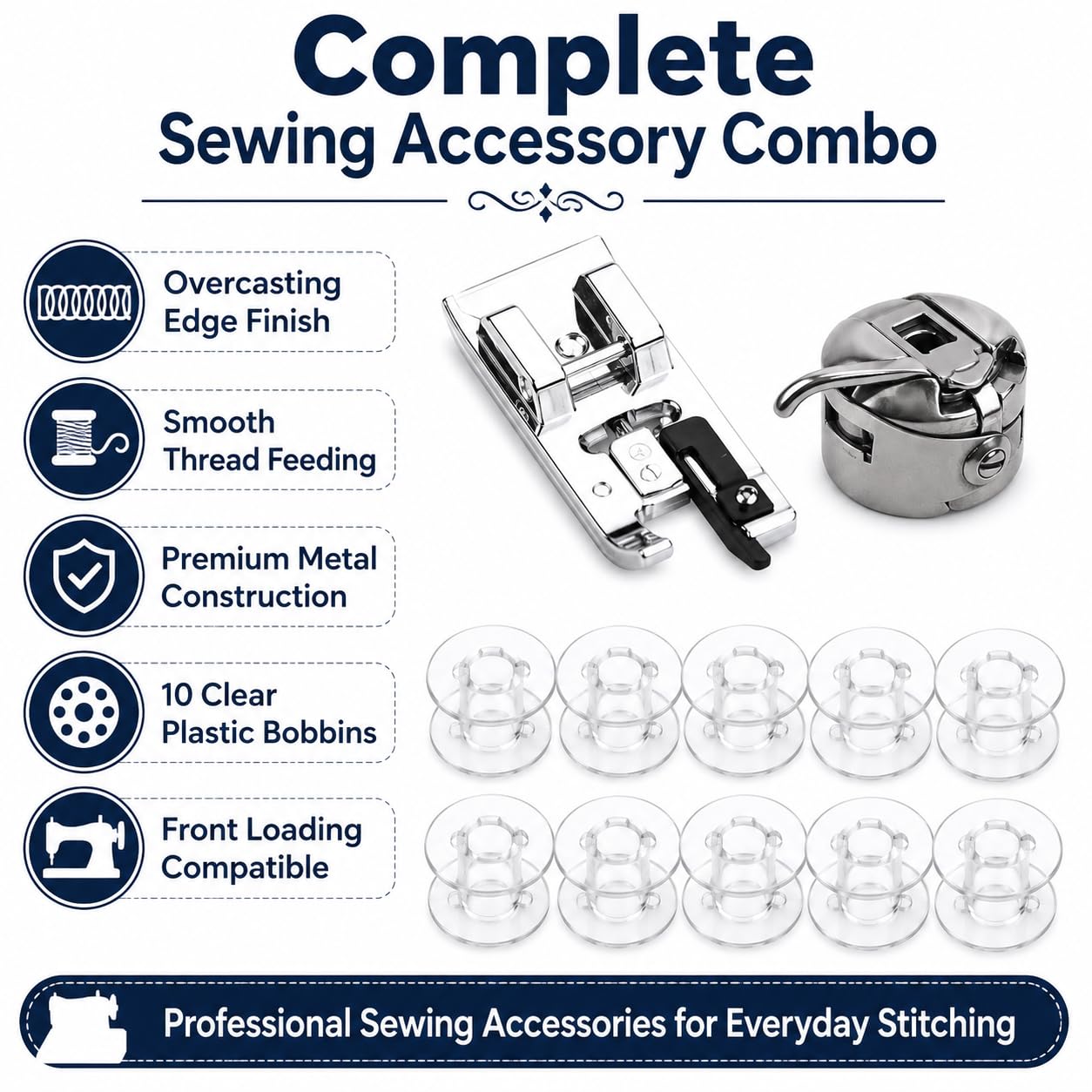 Zenith Combo of Overcasting/Overlock Pressure Foot, 10 Plastic Bobbins, Bobbin case Compatible with Domestic Automatic Front Loading Electric Sewing Machines Compatible with Usha Janome, Singer — Amazon image 2