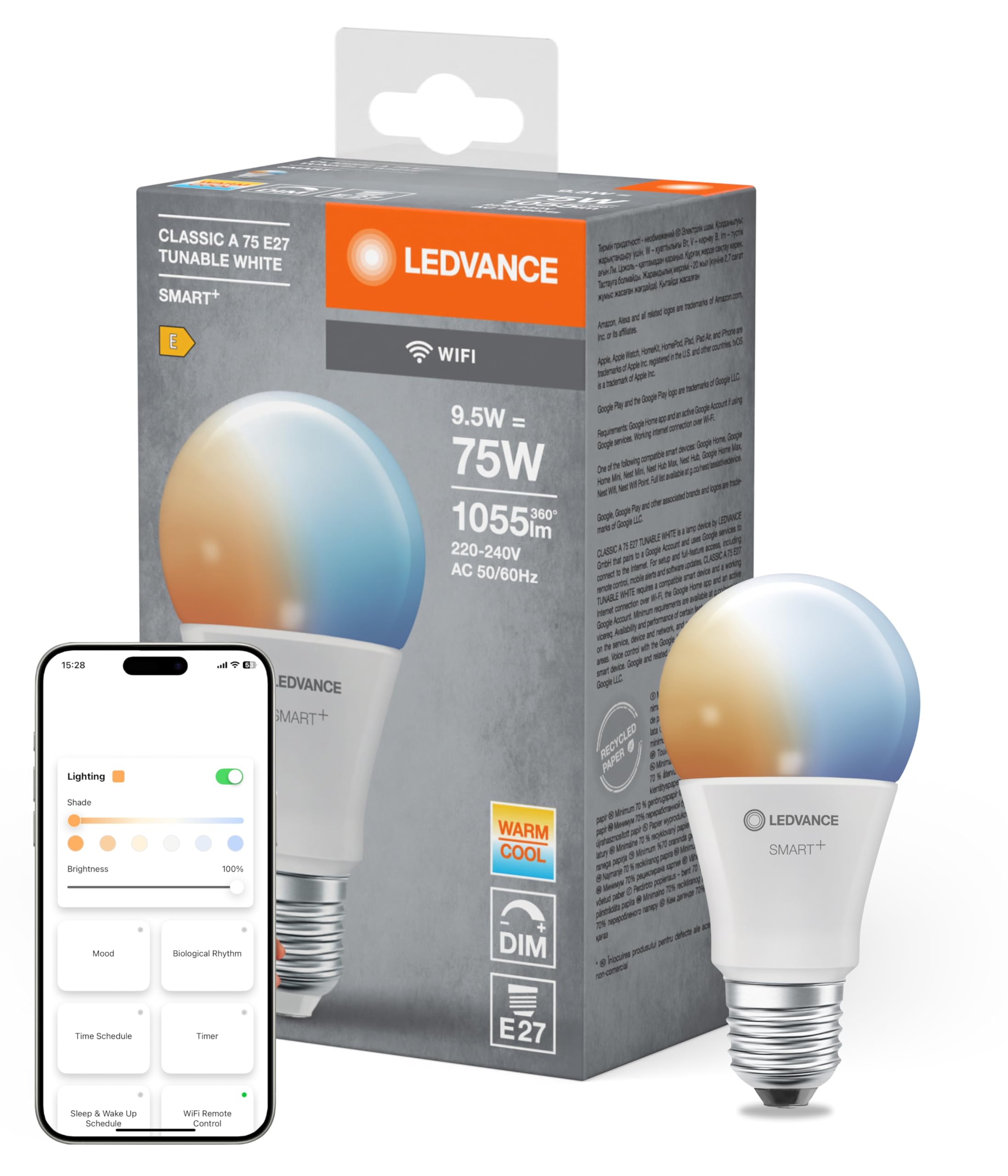 LEDVANCE SMART+ WIFI LED lamp, frosted look, 9.5W, 1055lm, classic bulb shape with E27 base, adjustable white light, dimmable, app or voice control, life of up to 20,​000 hours