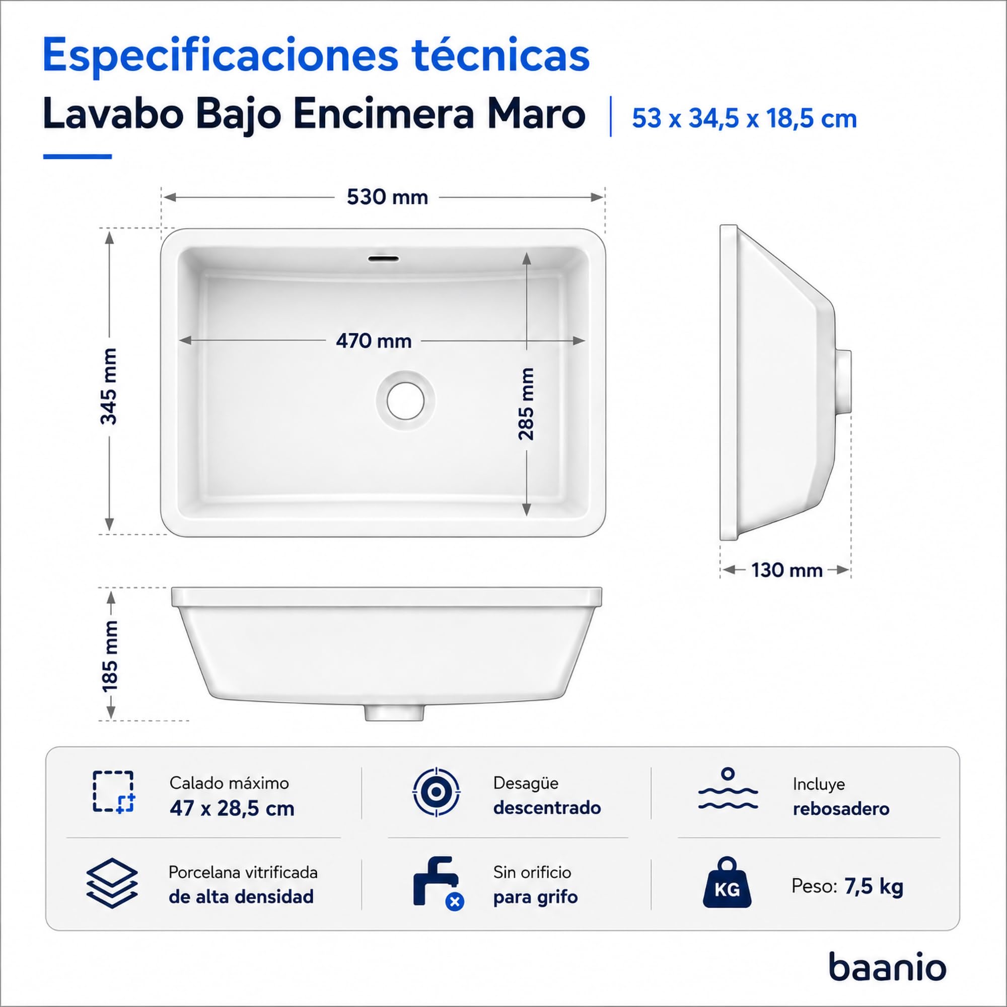 Maro - Lavabo Bajo Encimera 53 cm - Cerámica Blanco Brillo - Con Rebosadero - Certificado CE