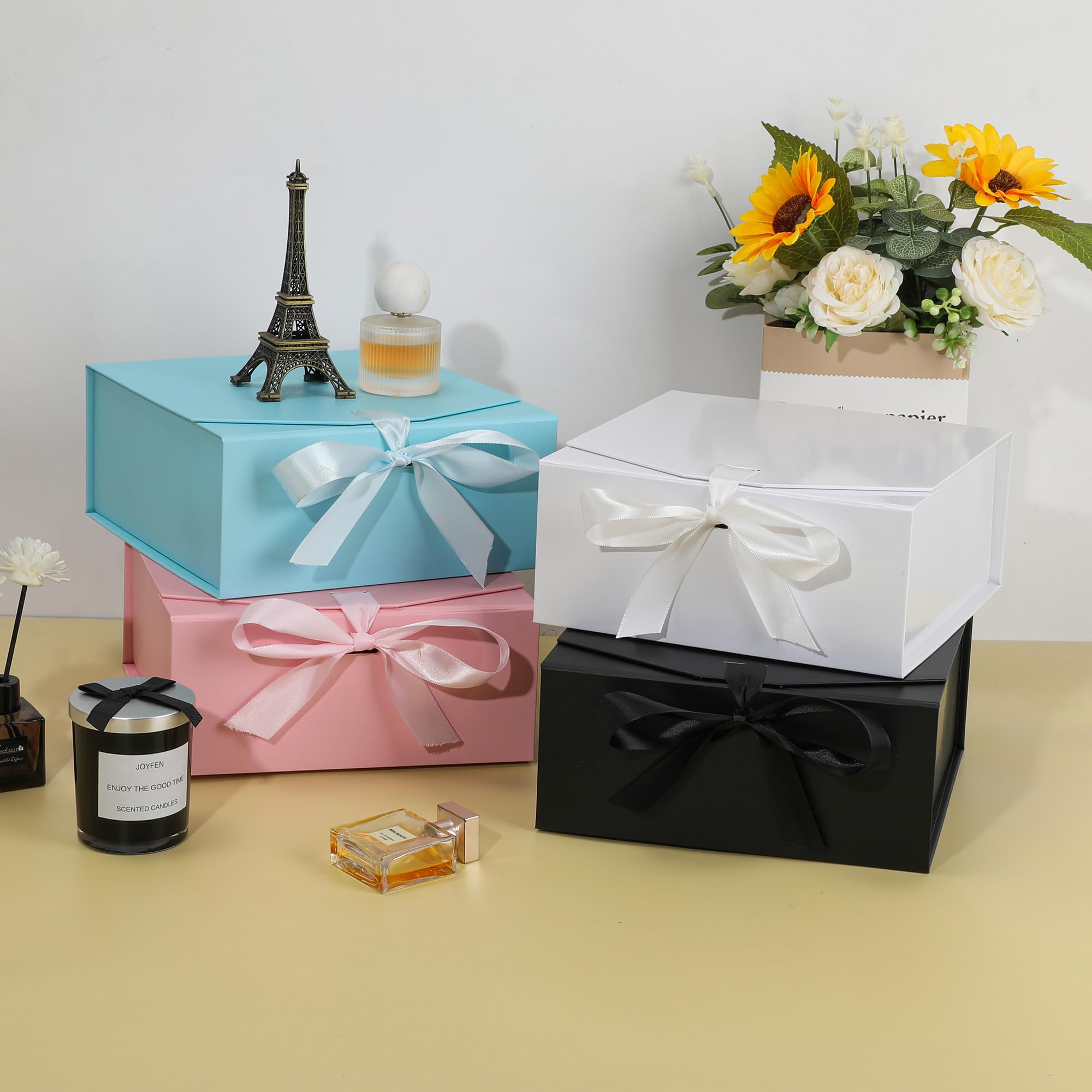 OEMVALATY 8 x Geschenkboxen, 22,9 x 22,9 x 10,2 cm, magnetische Geschenkboxen mit Deckel für Geschenke, weiß mit Schleife, Brautjungfernantragsbox für Hochzeit, Aufbewahrung, Geburtstag