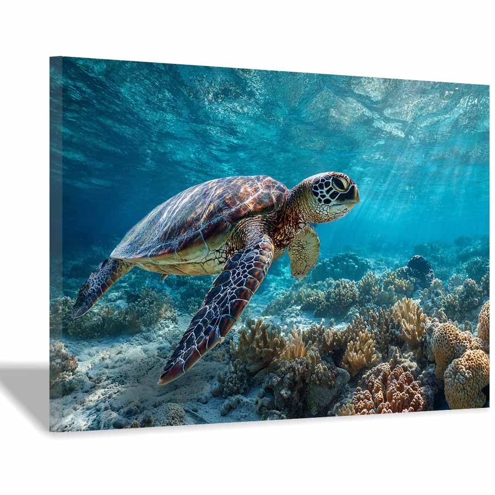 HUYEEI Canvas Wall Art Beachs Turtle at plays among the reefs marine animals Seascape Vintage Artwork for Seaside Livings Room Bedroom Bathroom Decor(blue)-60x90cm Framed