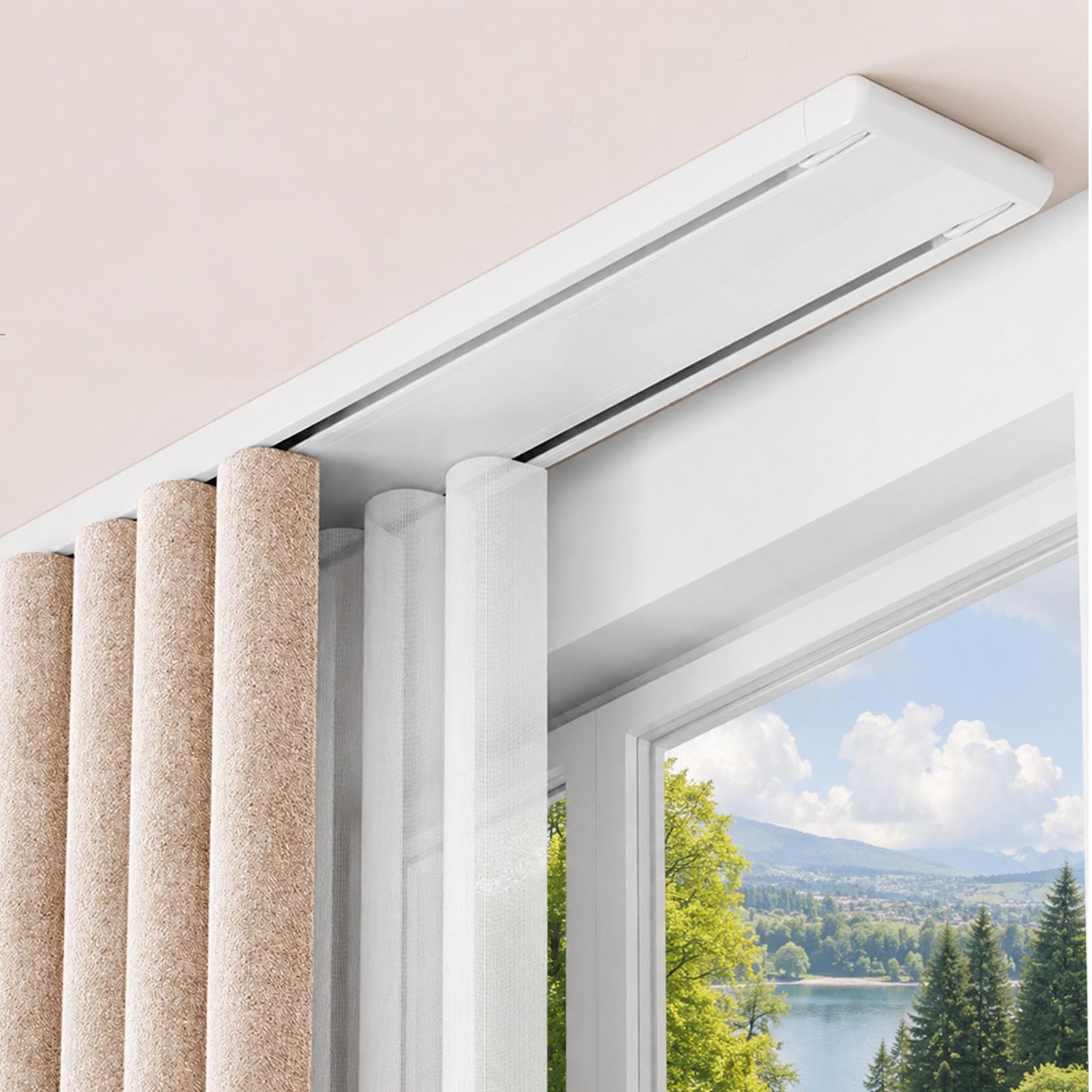 Ceiling Curtain Track Set Double Tracks Curtain Rails Heavy Duty Double Curtain Track Ceiling Mount Slim Aluminum Drapery Rail System with Seamless Connector Splice(White,1.2m(3.9ft))
