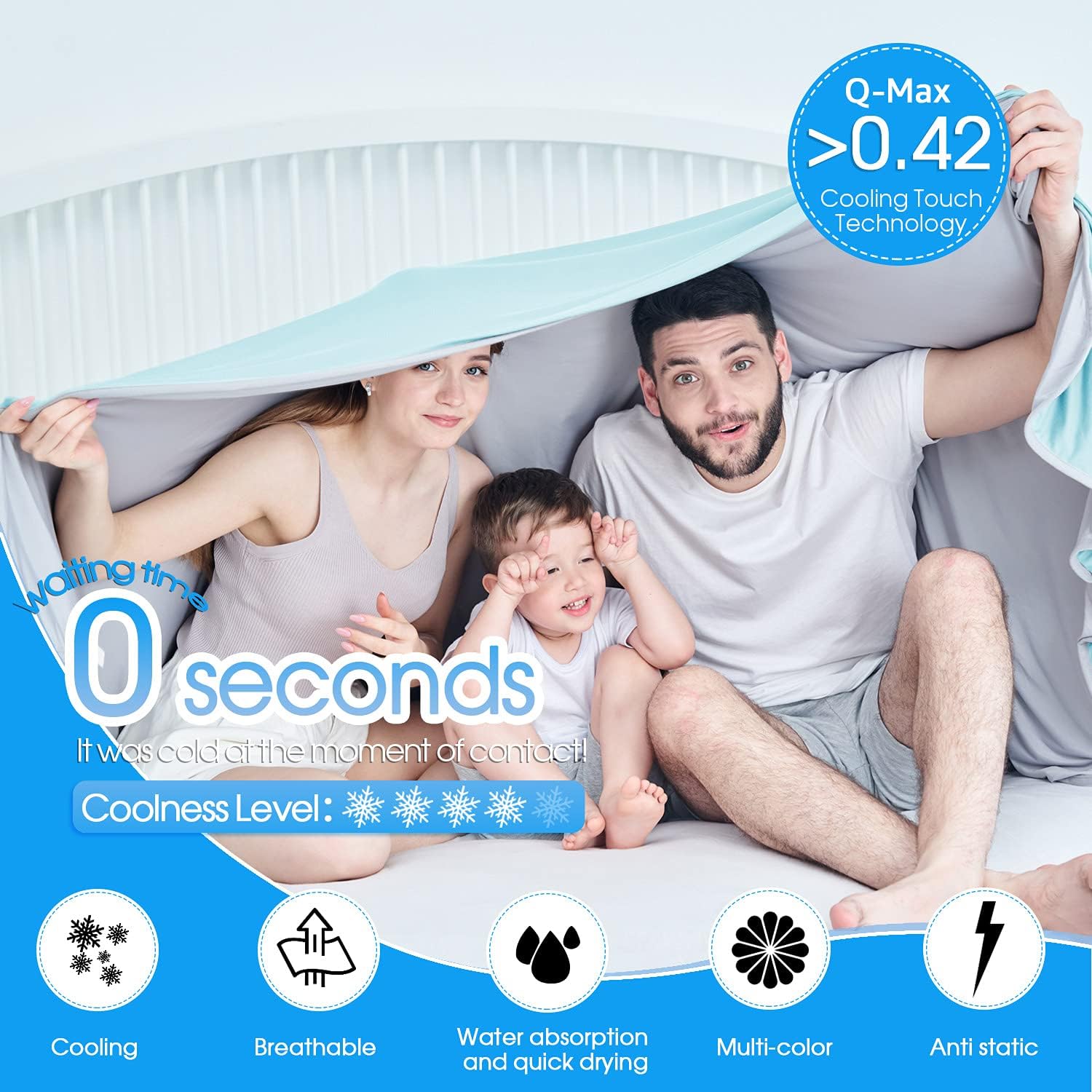 BORPRES Cooling Blanket,Japanese Chill-Plus Tech,Q-MAX>0.43 Cooling Fiber, Absorbs Heat Keep Cool,Double Sided Design,Idea for Hot Sleeper Night Sweats All Seasons,Large(79” x 86”), Baby Blue